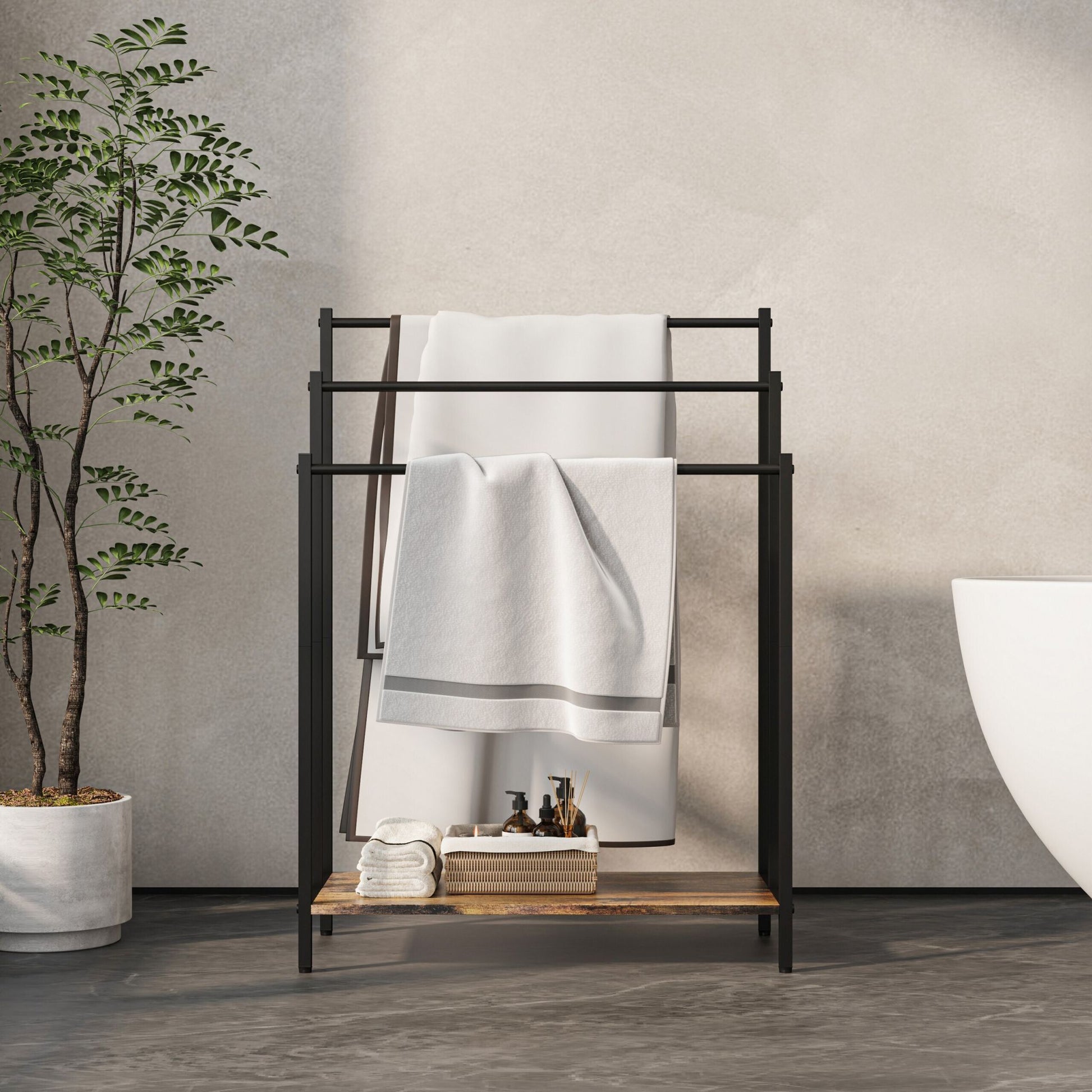 Handtuchständer mit Ablage Dunkelbraun-Schwarz von Relaxdays