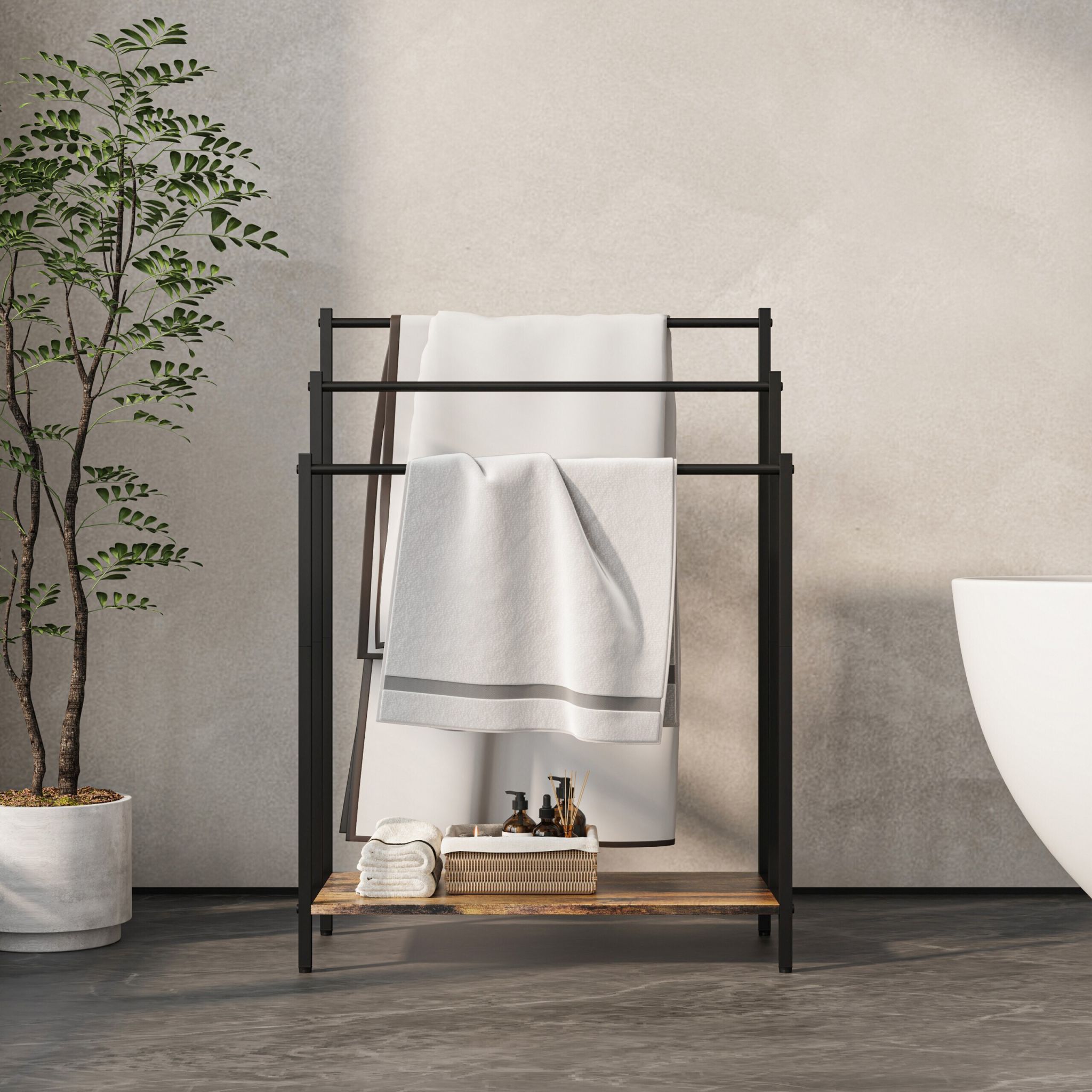 Handtuchständer mit Ablage Dunkelbraun-Schwarz von Relaxdays