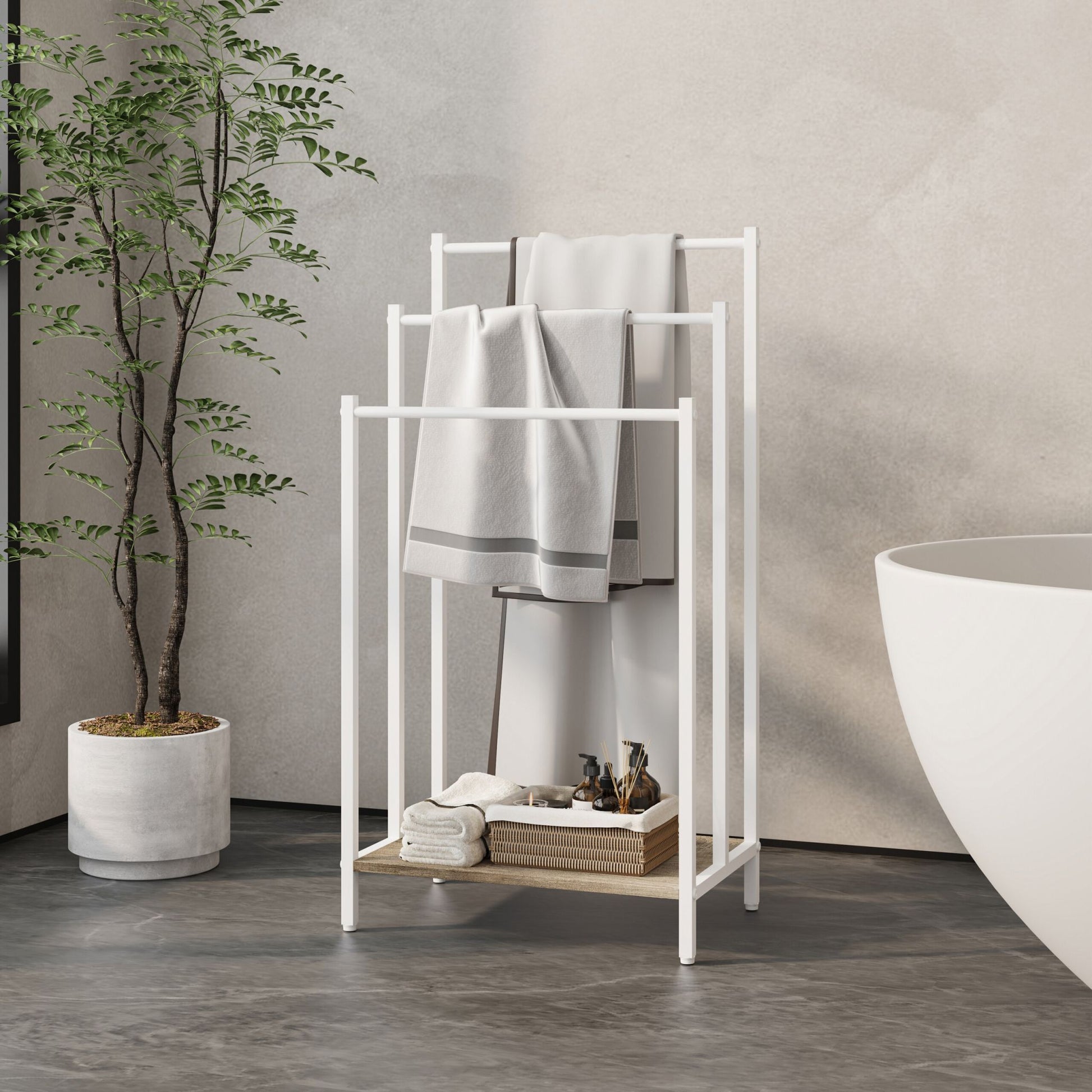 Handtuchständer mit Ablage Weiss-Hellbraun von Relaxdays