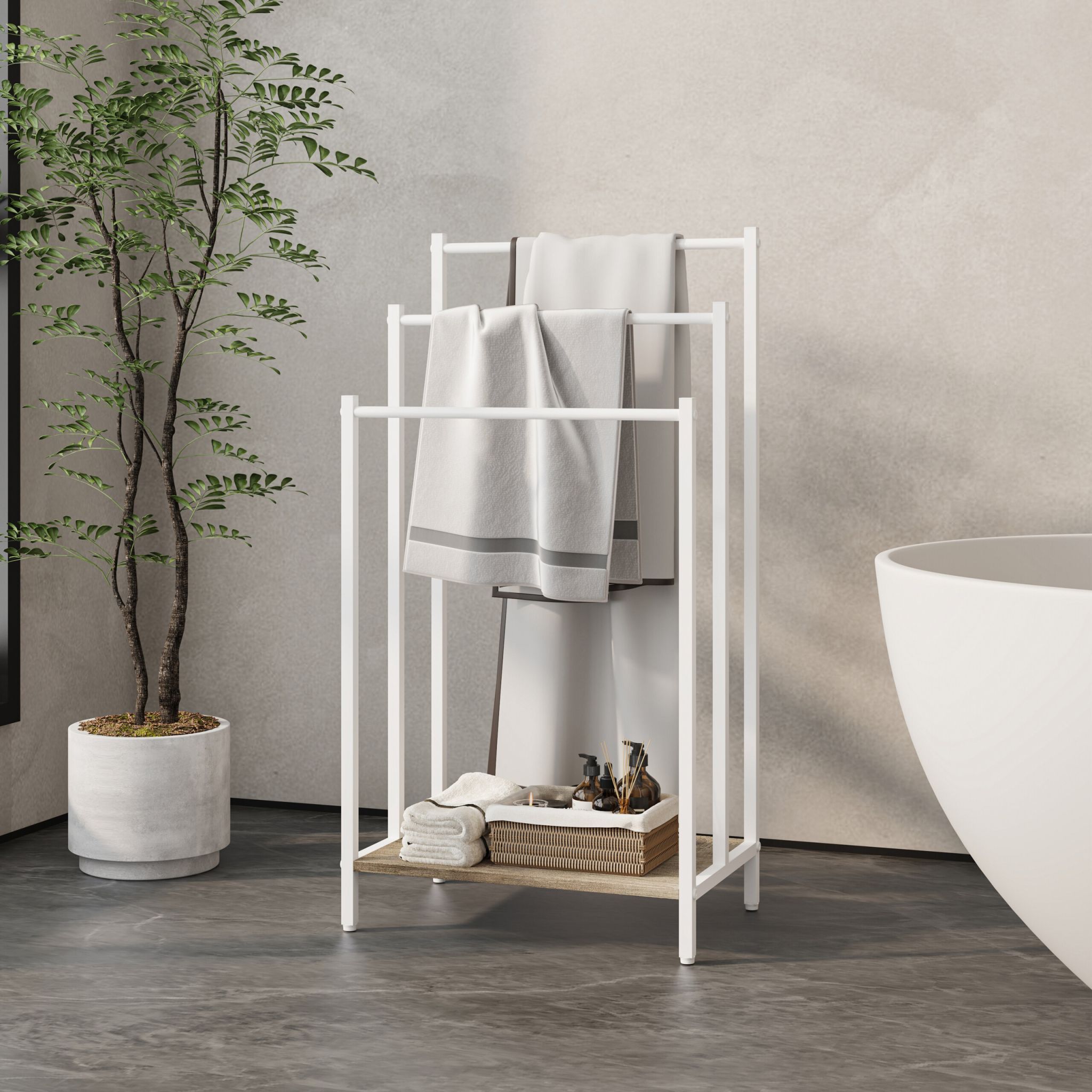 Handtuchständer mit Ablage Weiss-Hellbraun von Relaxdays