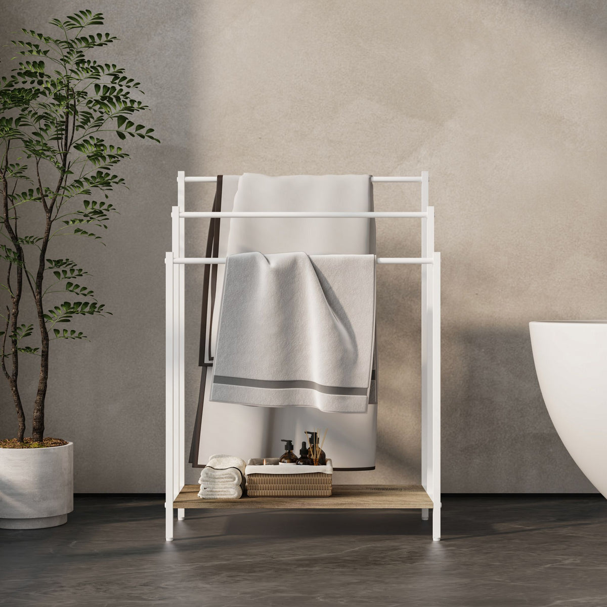 Handtuchständer mit Ablage Weiss-Hellbraun von Relaxdays