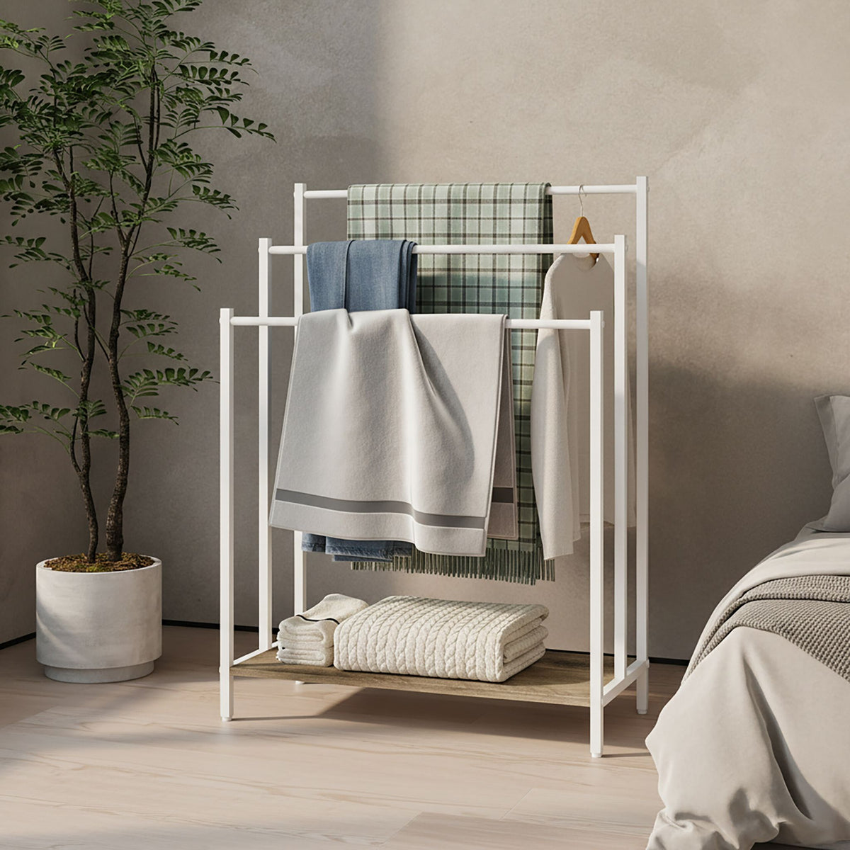 Handtuchständer mit Ablage Weiss-Hellbraun von Relaxdays