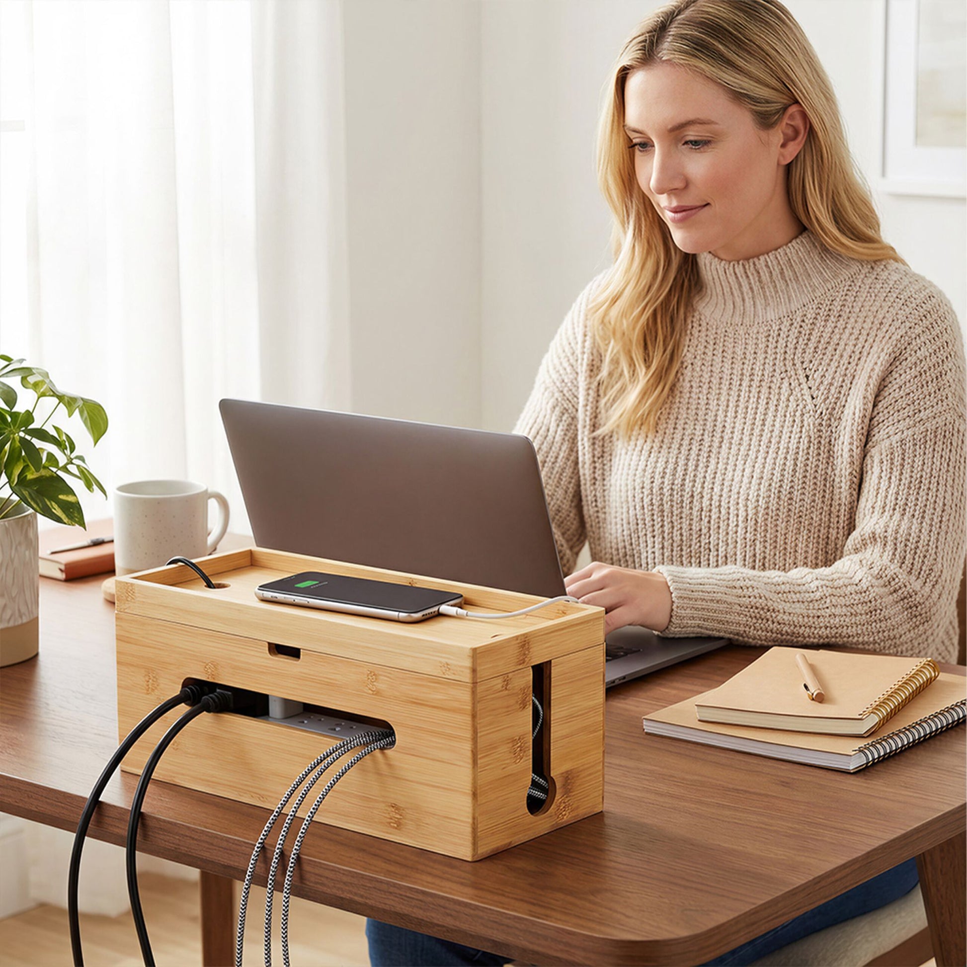 Kabelbox Bambus Hellbraun von Relaxdays
