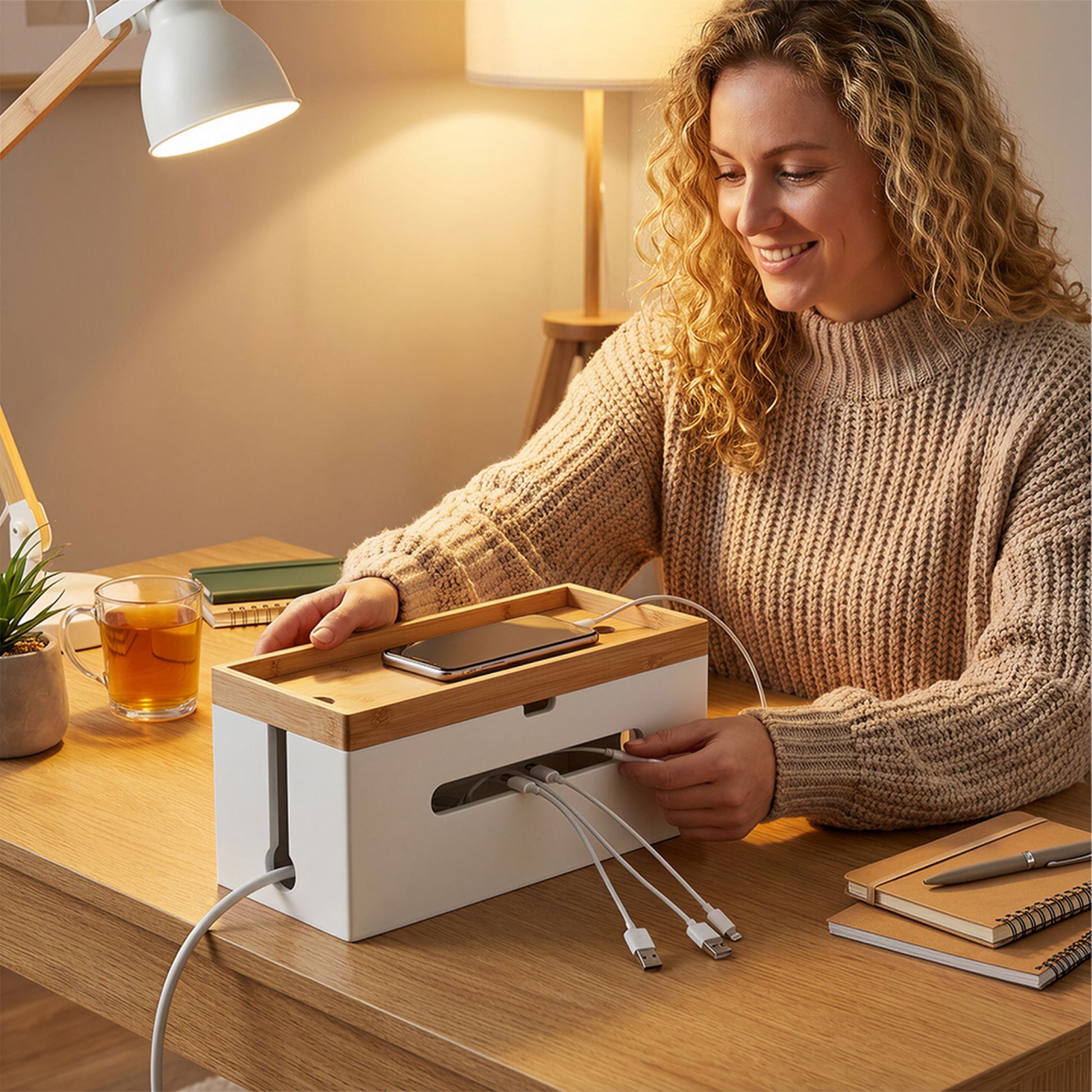 Kabelbox Bambus Weiss von Relaxdays