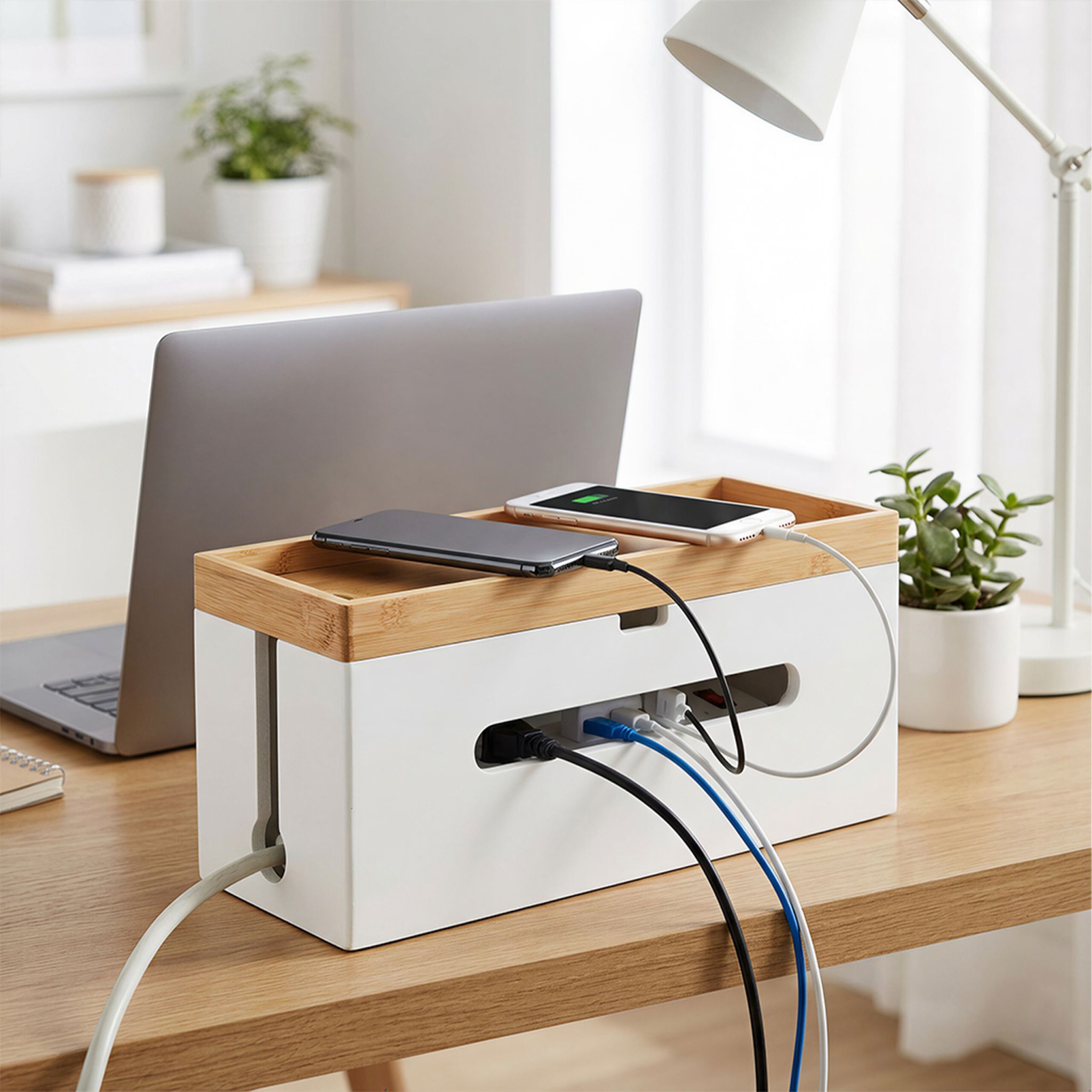 Kabelbox Bambus Weiss von Relaxdays