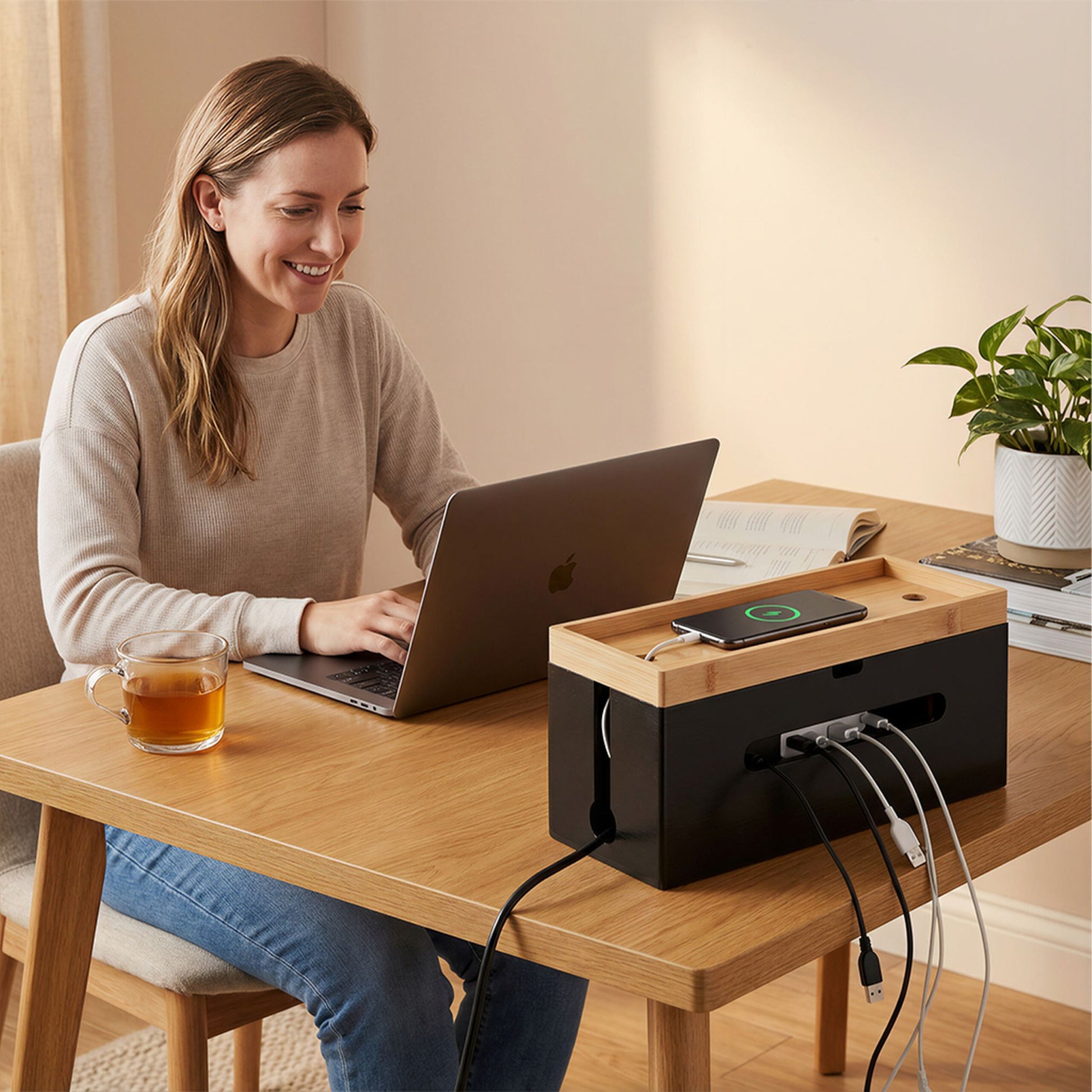 Kabelbox Bambus Hellbraun-Schwarz von Relaxdays