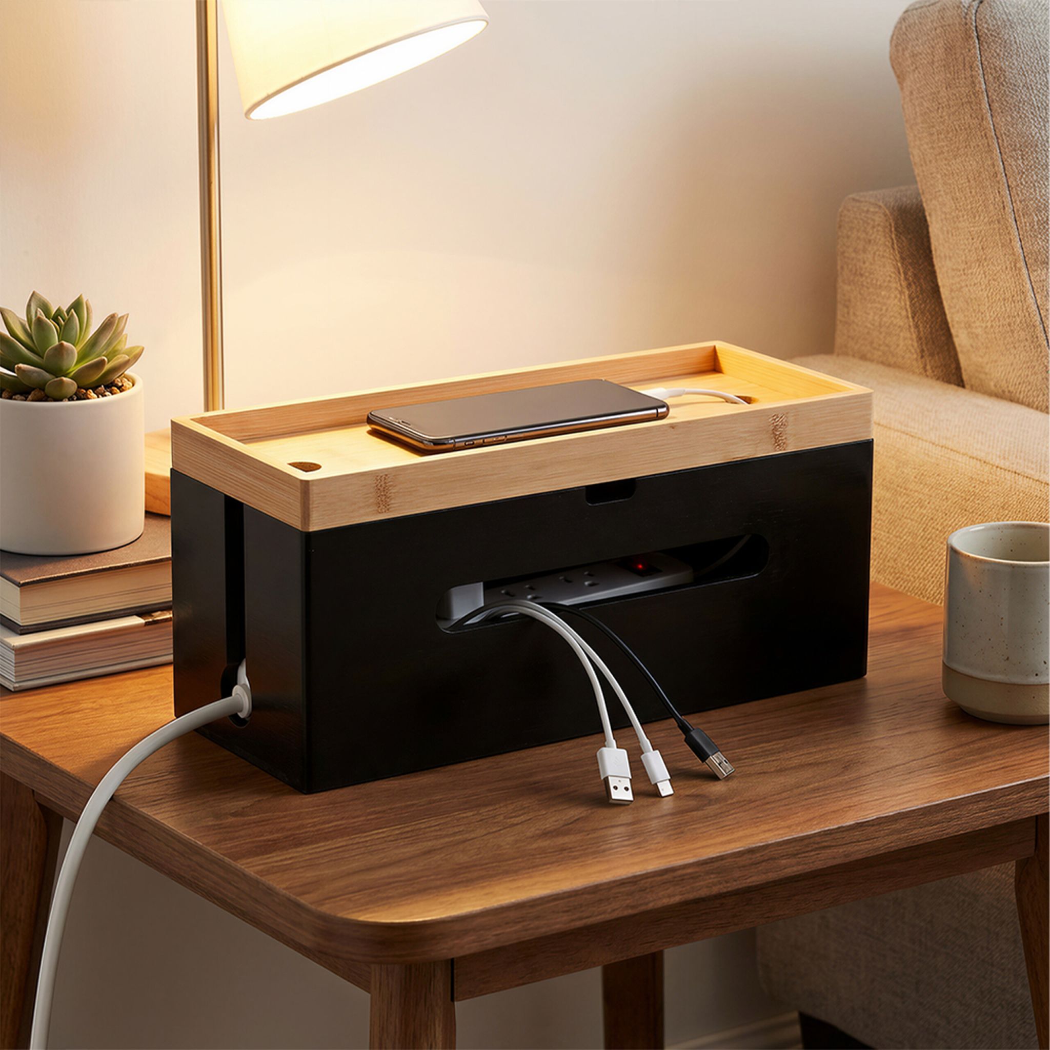 Kabelbox Bambus Hellbraun-Schwarz von Relaxdays
