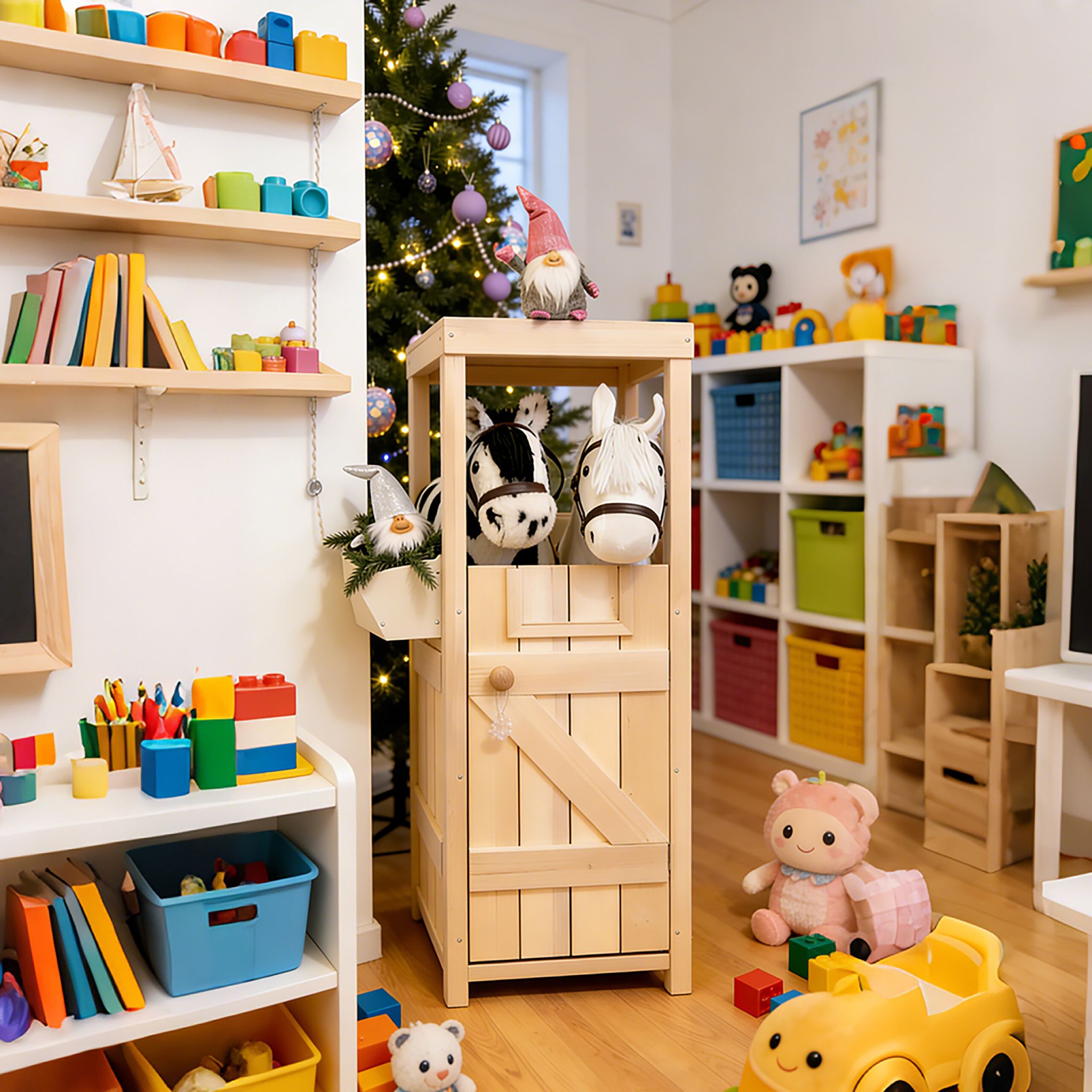 Hobby Horse Stall für 2 Pferde Weiss-Hellbraun