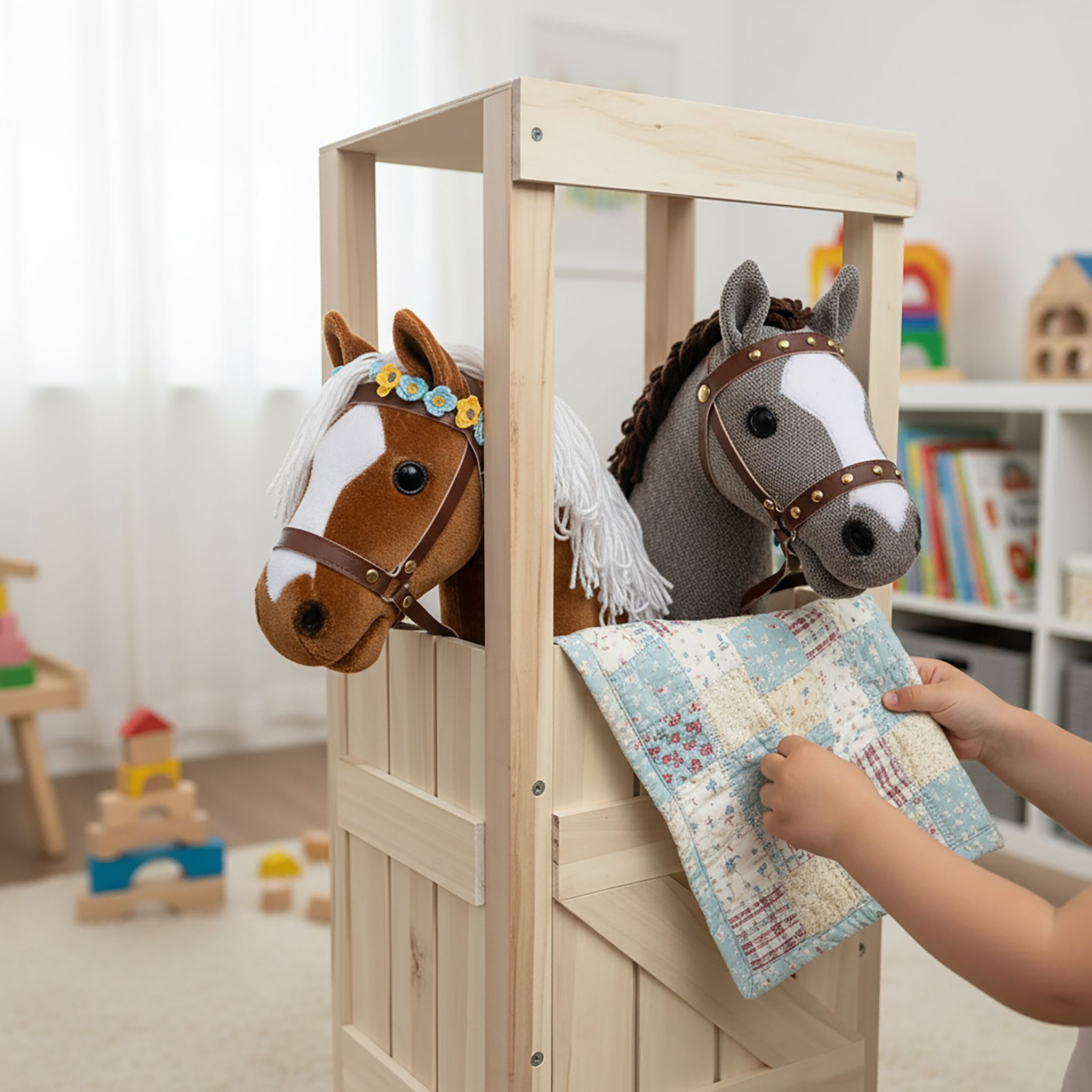 Hobby Horse Stall für 2 Pferde Weiss-Hellbraun