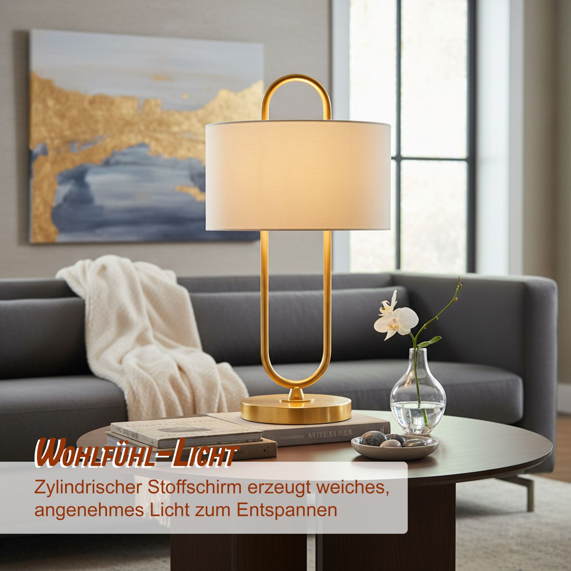 Tischlampe U-Form mit Leinenschirm Creme-Gold von Relaxdays