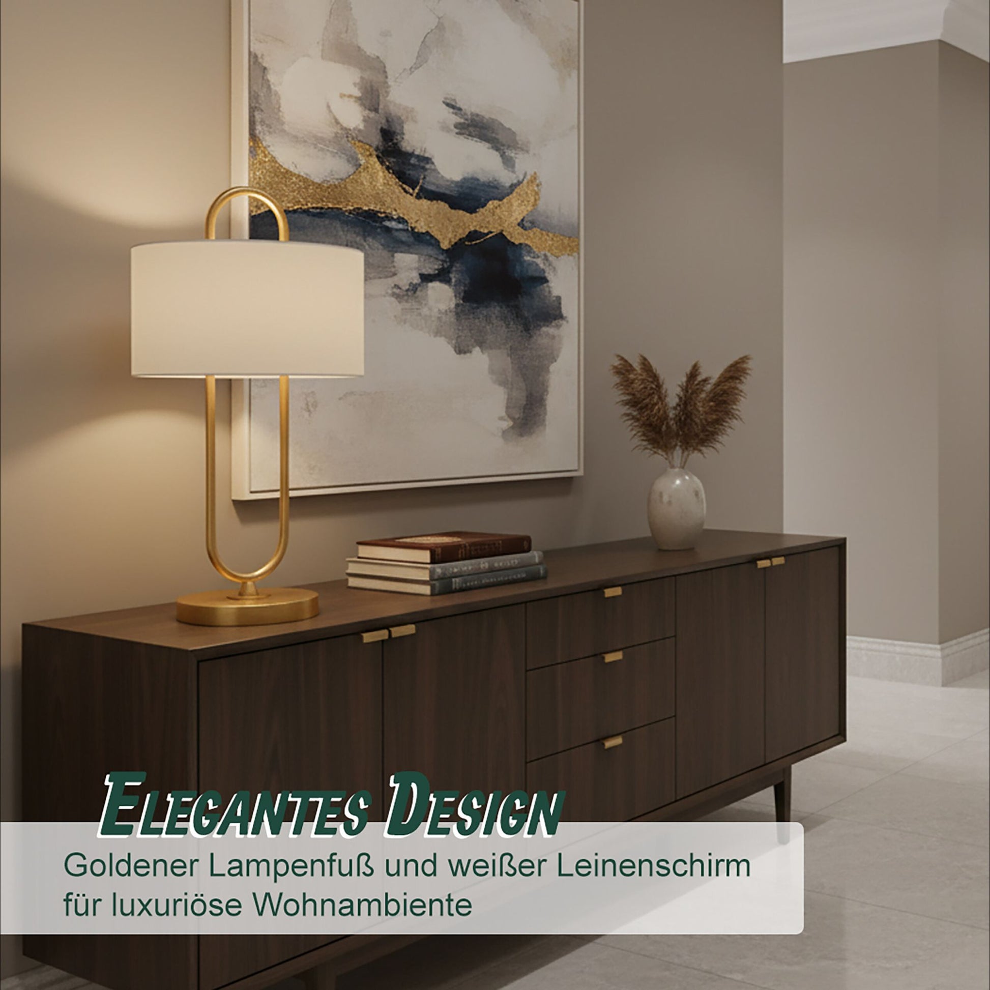 Tischlampe U-Form mit Leinenschirm Creme-Gold von Relaxdays