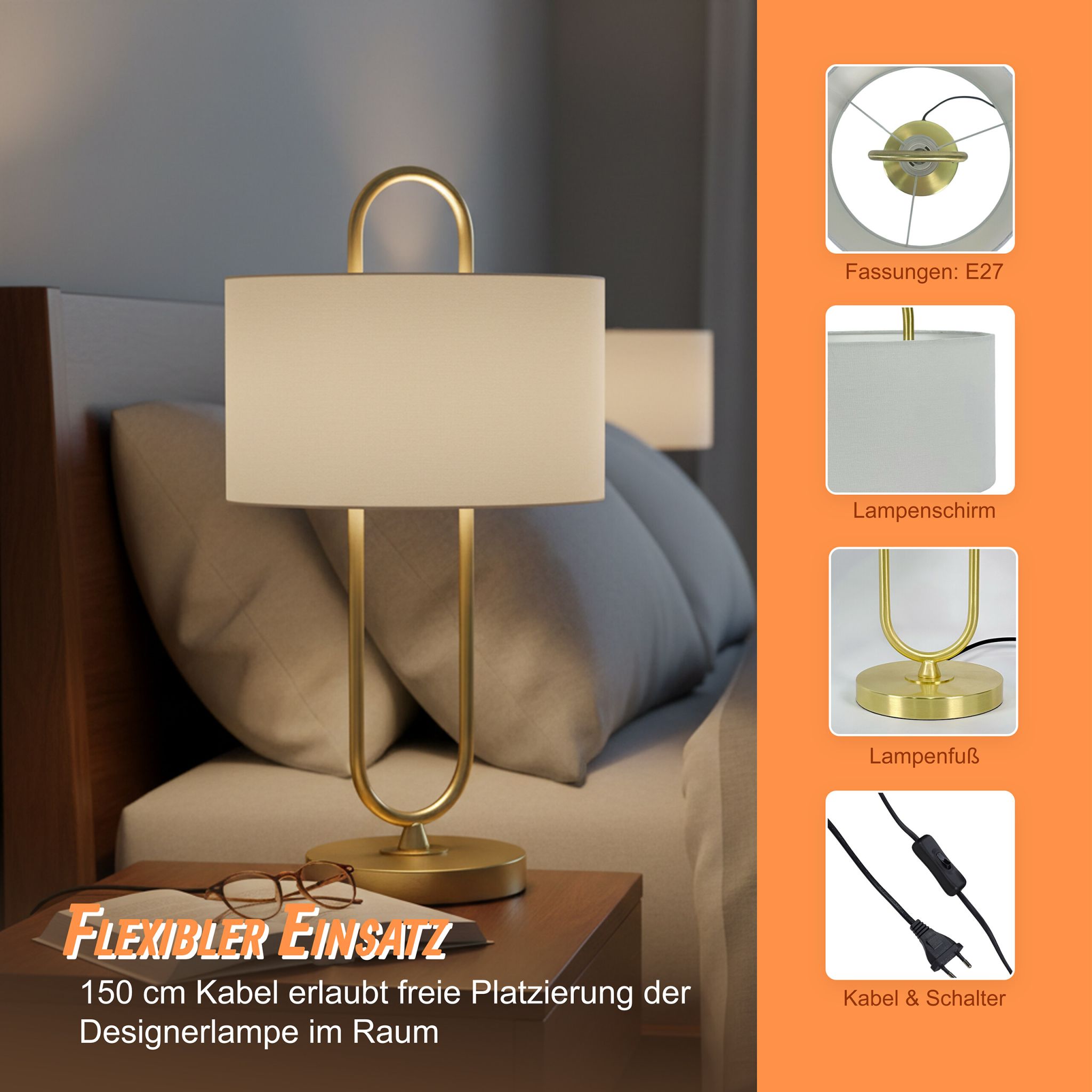 Tischlampe U-Form mit Leinenschirm Creme-Gold von Relaxdays