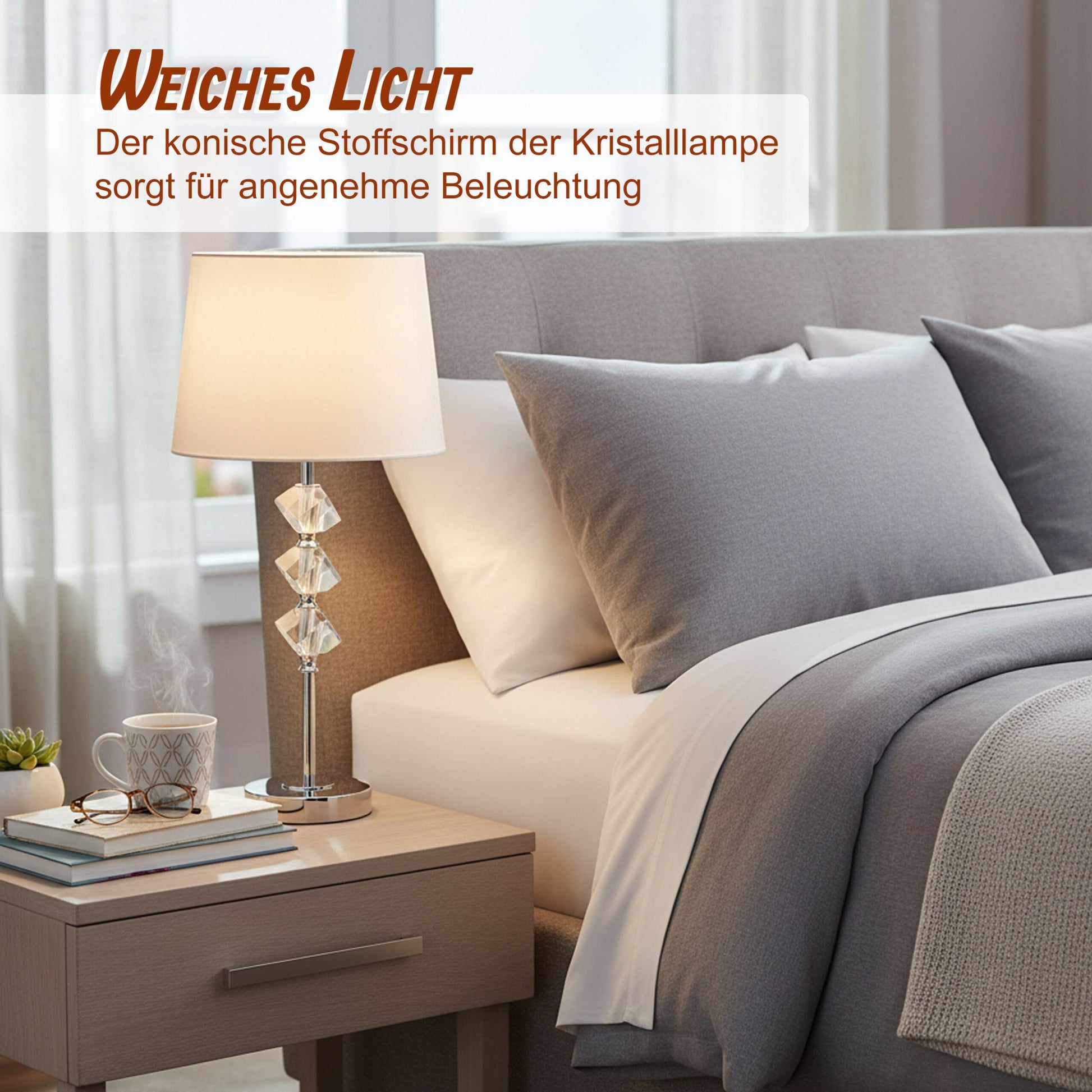 Tischlampe mit Kristall & Seidenschirm Creme-Silber von Relaxdays