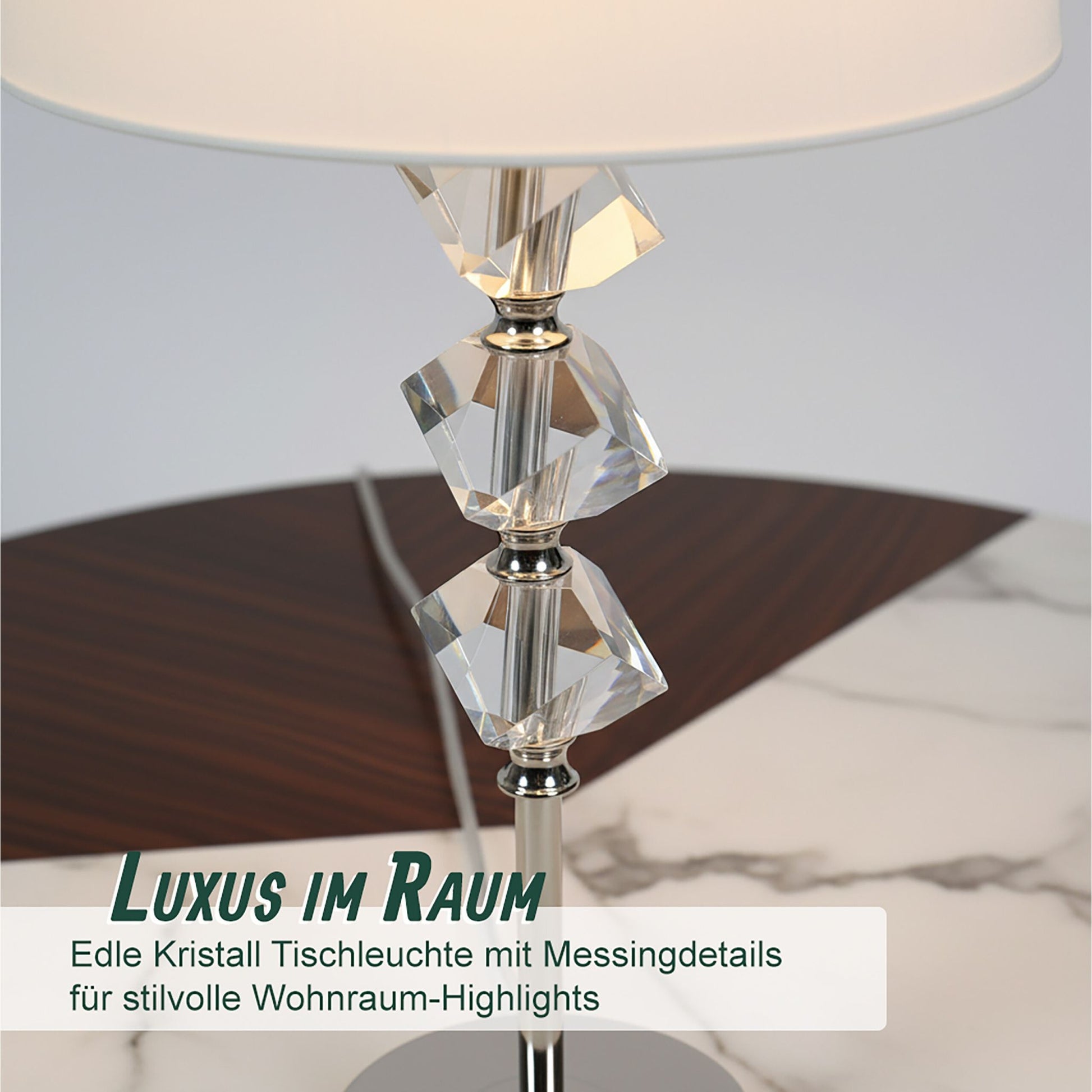 Tischlampe mit Kristall & Seidenschirm Creme-Silber von Relaxdays