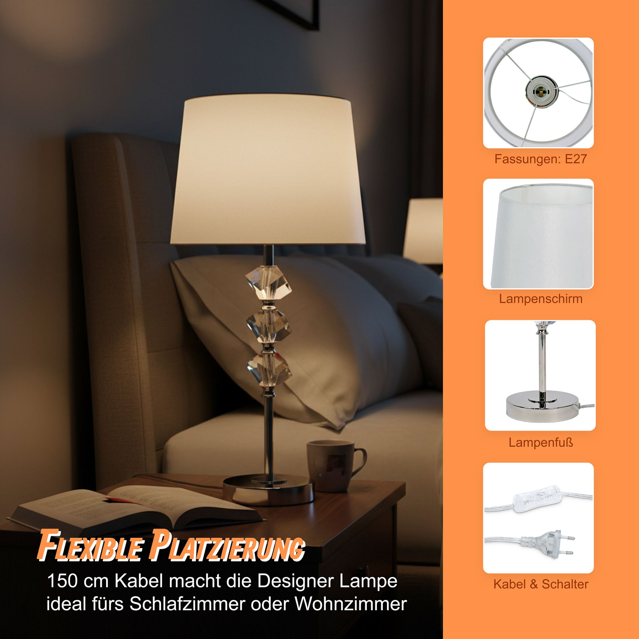 Tischlampe mit Kristall & Seidenschirm Creme-Silber von Relaxdays