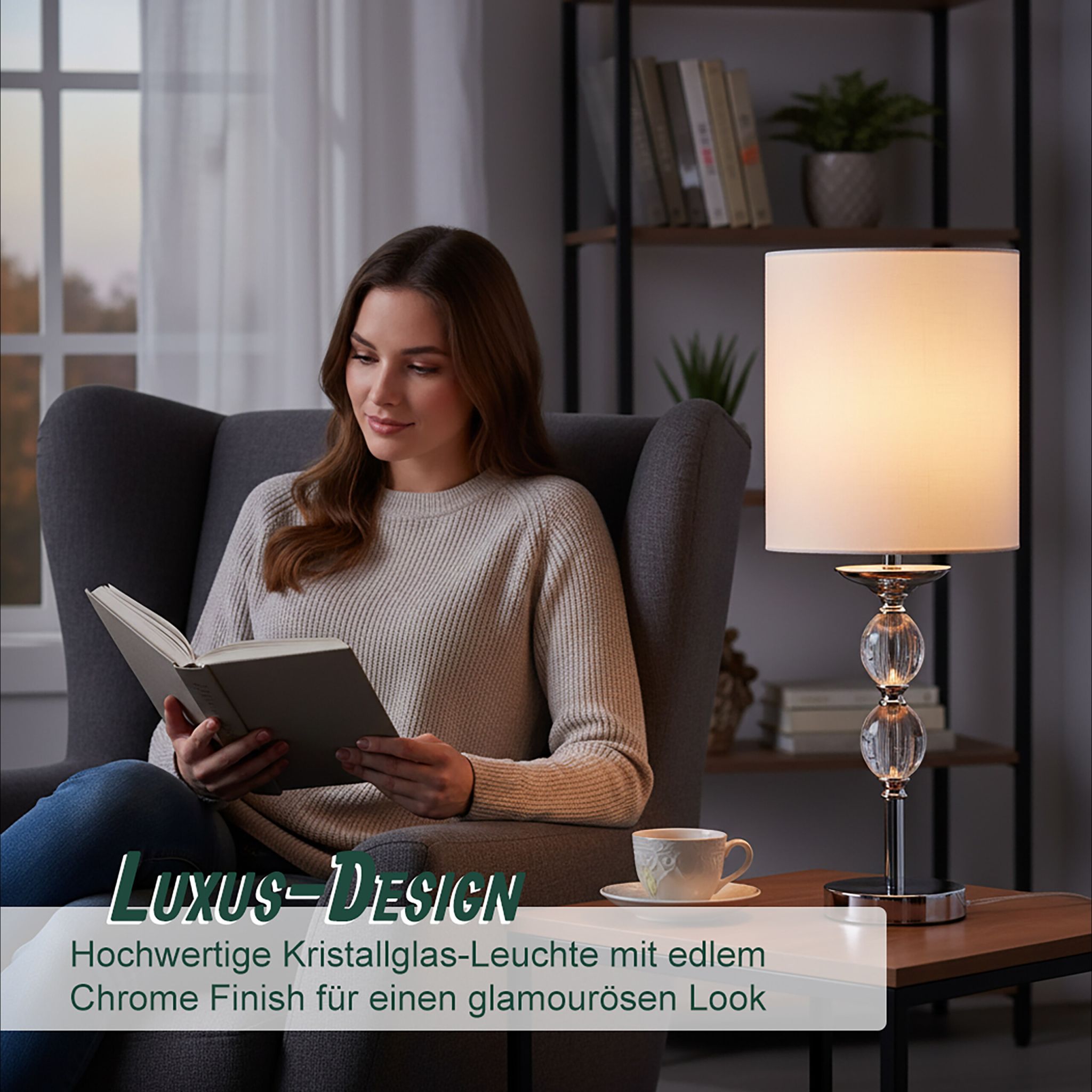 Tischlampe Kristall Stoffschirm Weiss-Silber von Relaxdays