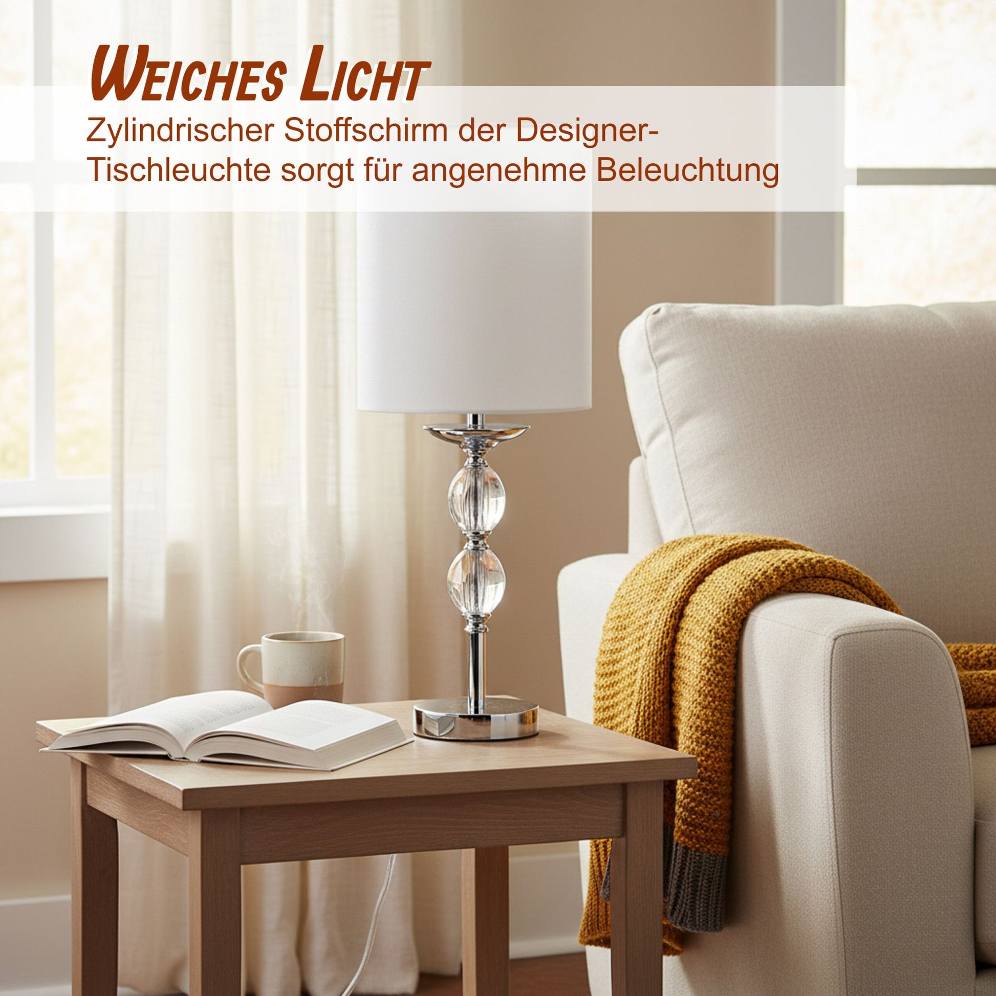 Tischlampe Kristall Stoffschirm Weiss-Silber von Relaxdays