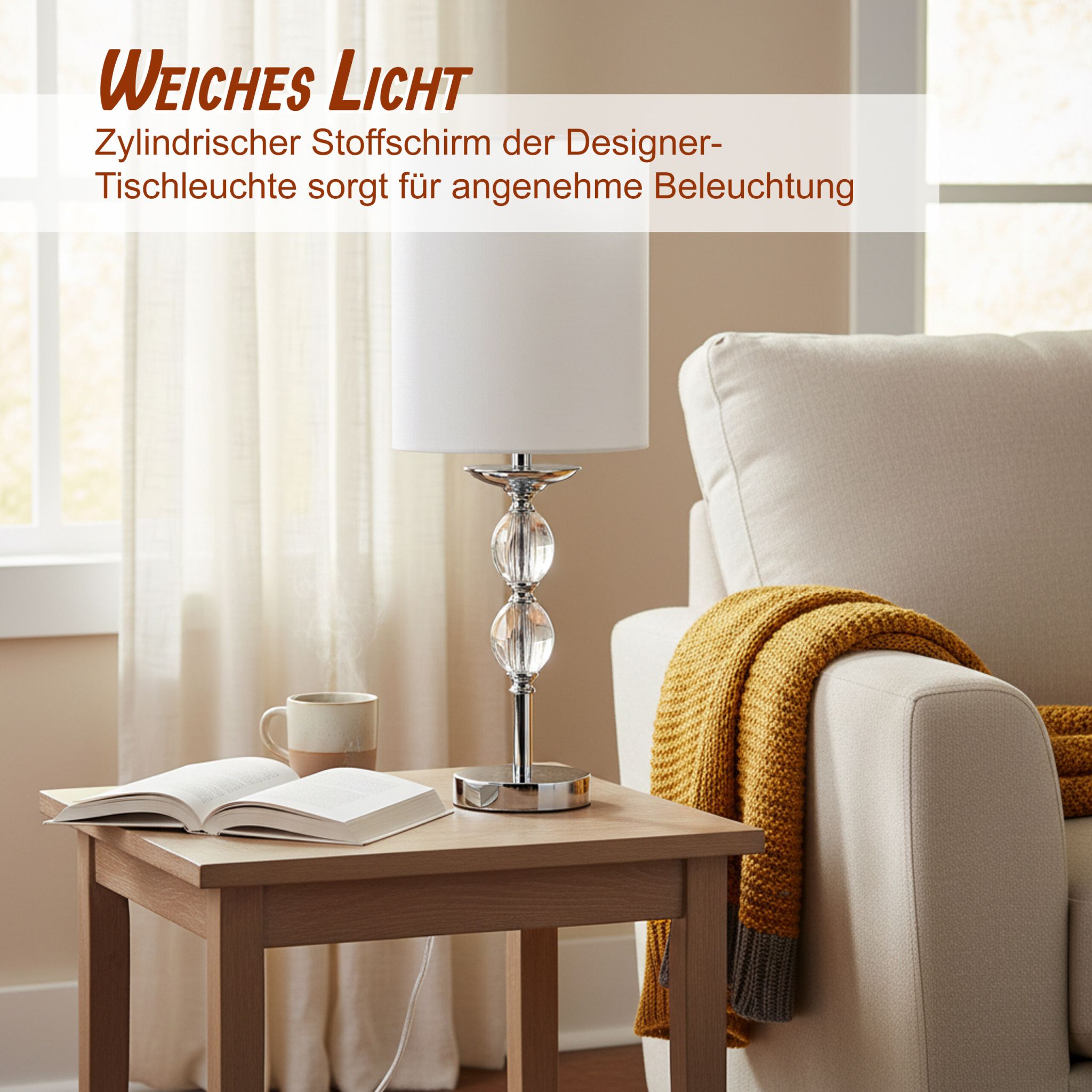 Tischlampe Kristall Stoffschirm Weiss-Silber von Relaxdays