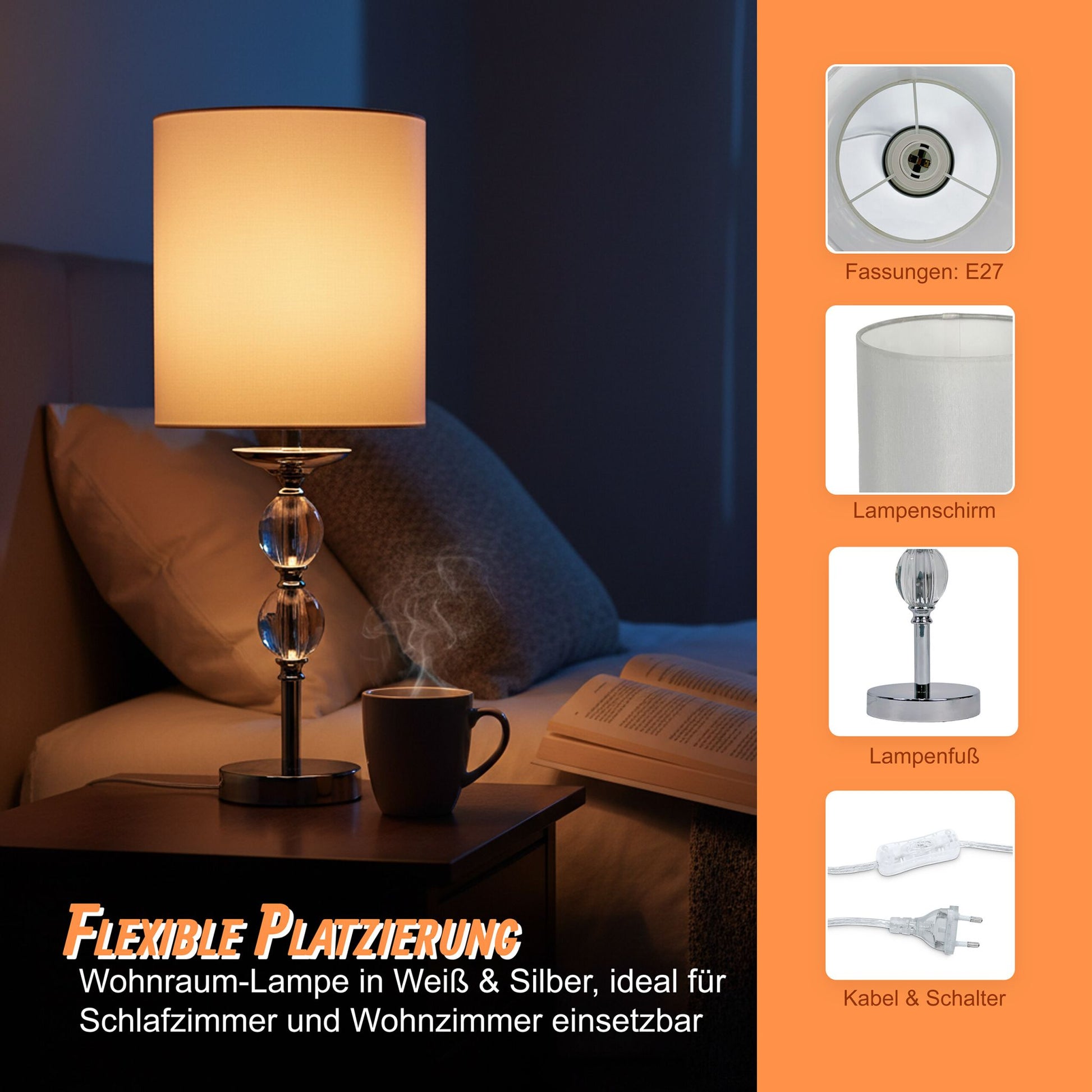 Tischlampe Kristall Stoffschirm Weiss-Silber von Relaxdays