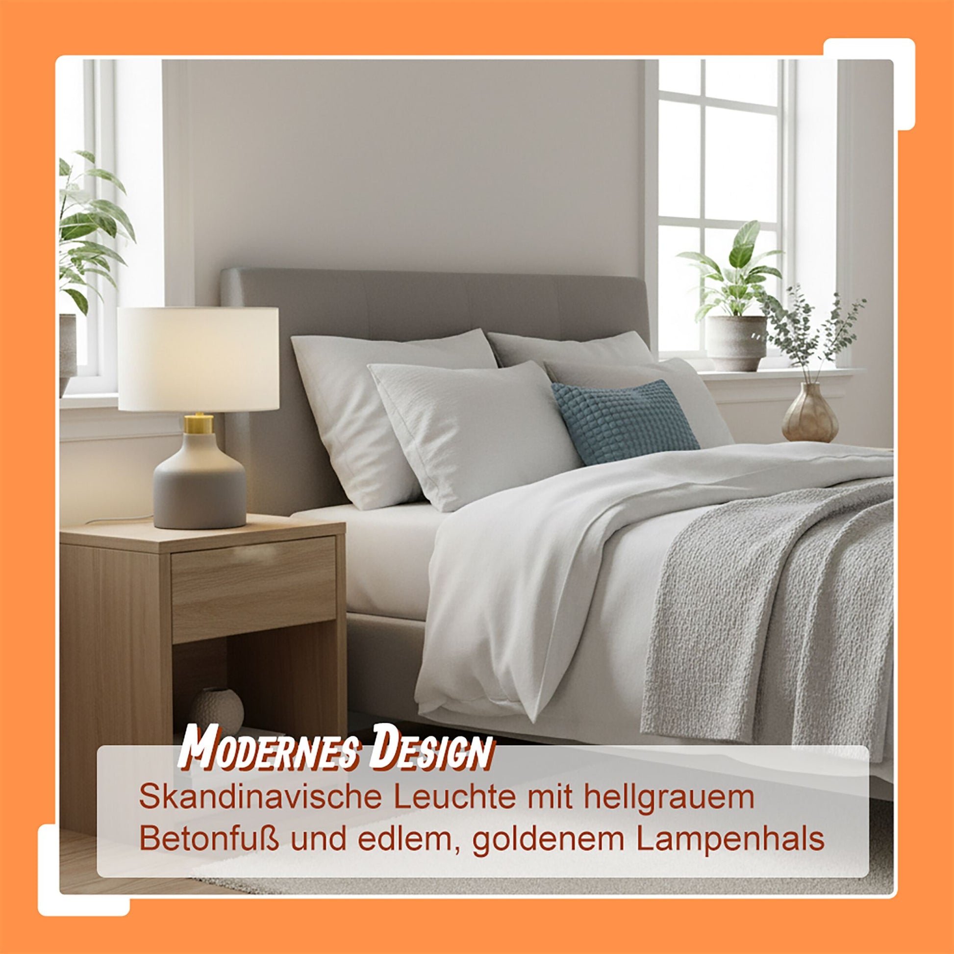 Tischlampe Stoff & Betonfuss Weiss-Gold-Grau von Relaxdays