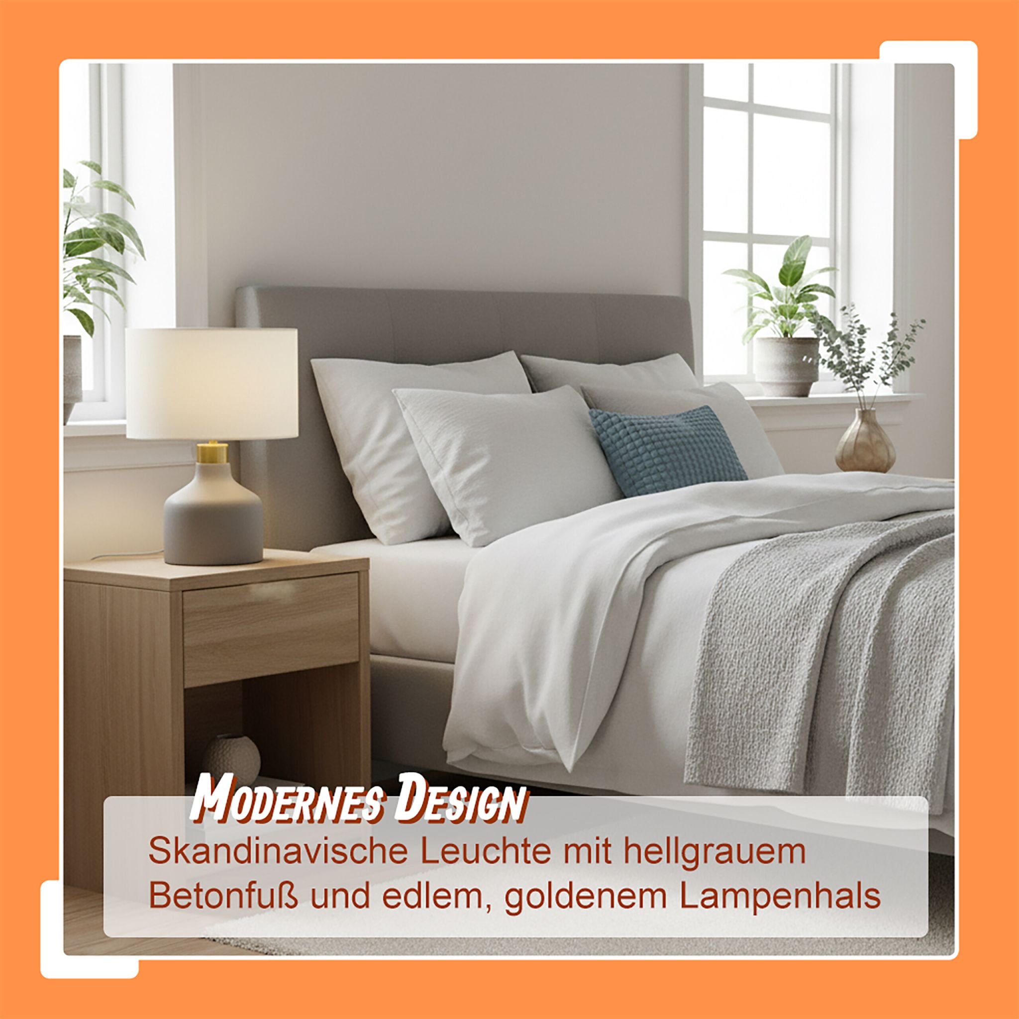 Tischlampe Stoff & Betonfuss Weiss-Gold-Grau von Relaxdays