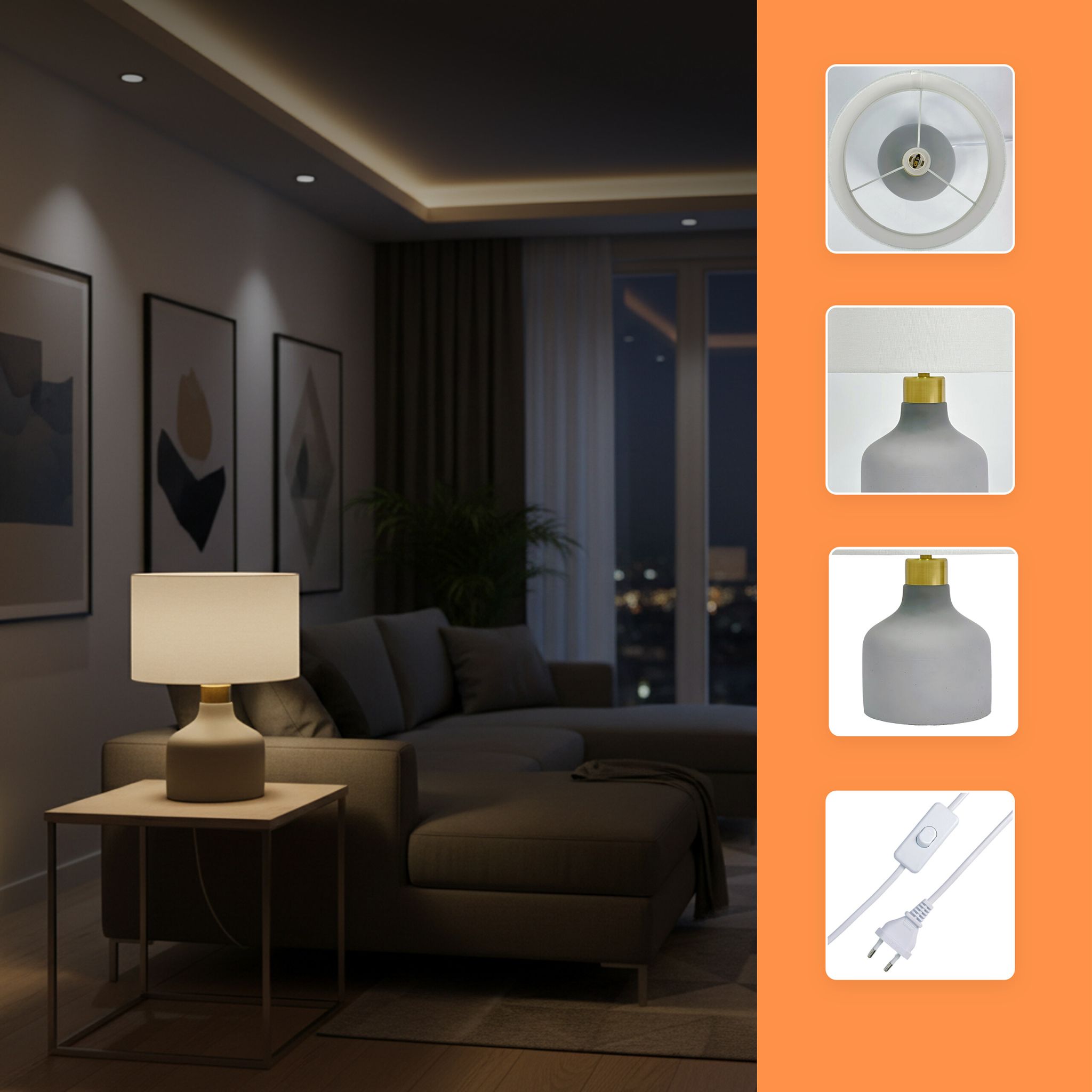 Tischlampe Stoff & Betonfuss Weiss-Gold-Grau von Relaxdays