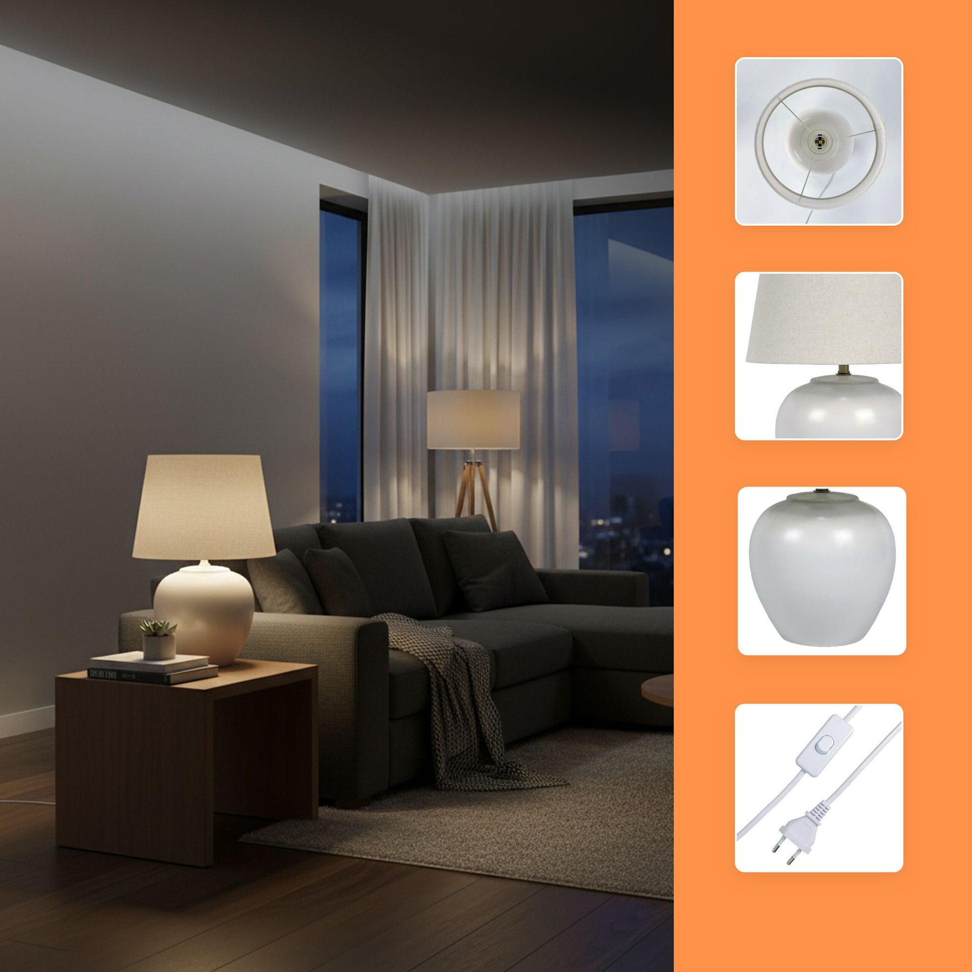 Tischlampe Stoff & Keramikfuss Weiss-Creme von Relaxdays