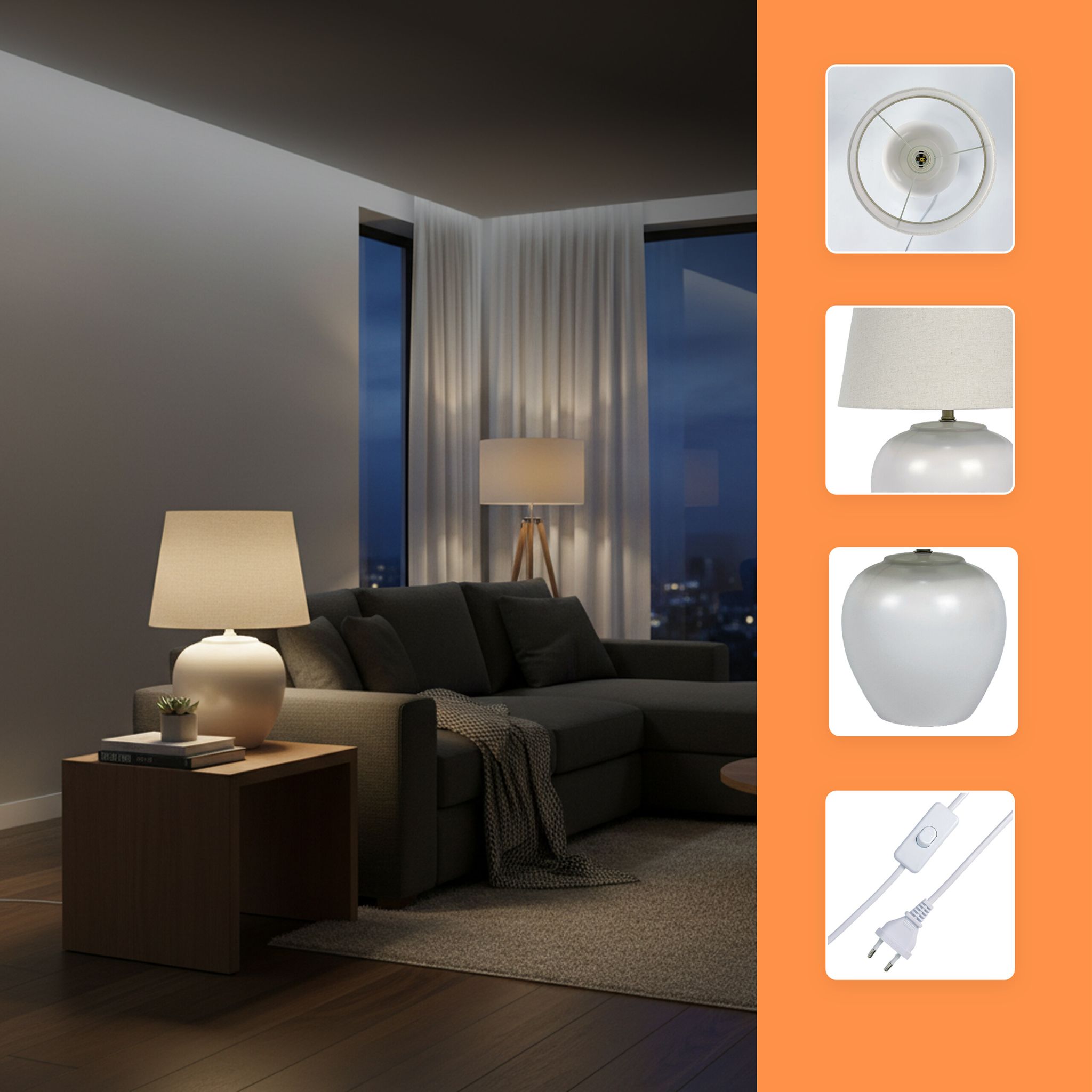Tischlampe Stoff & Keramikfuss Weiss-Creme von Relaxdays
