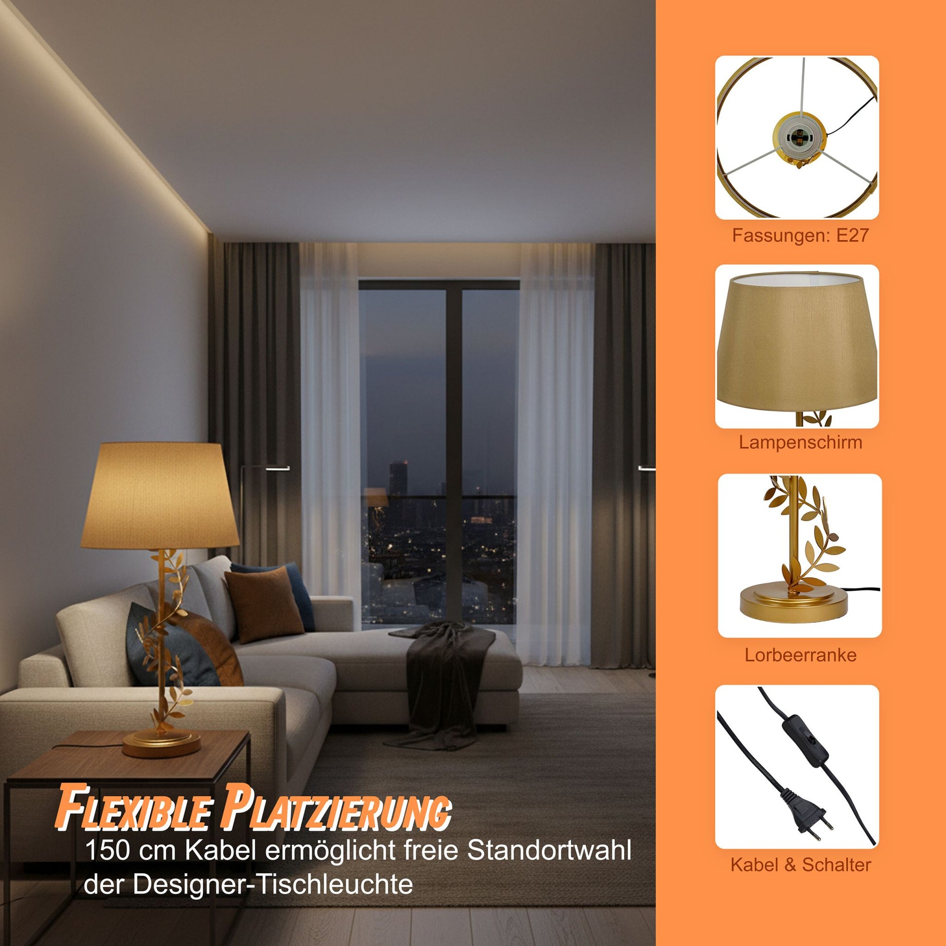 Tischlampe Lorbeerranke Gold-Schwarz von Relaxdays