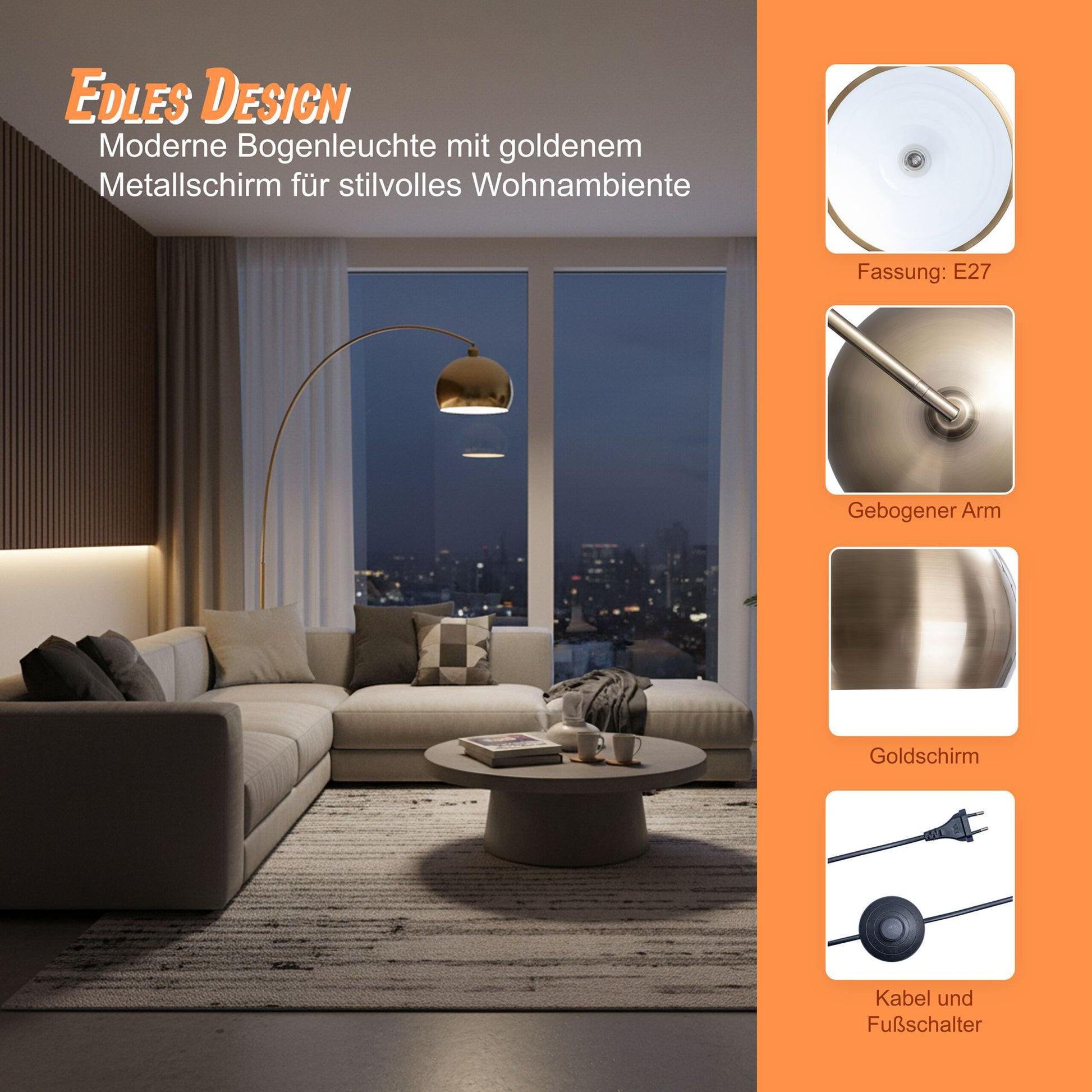 Bogenförmige Stehlampe Metall Gold von Relaxdays