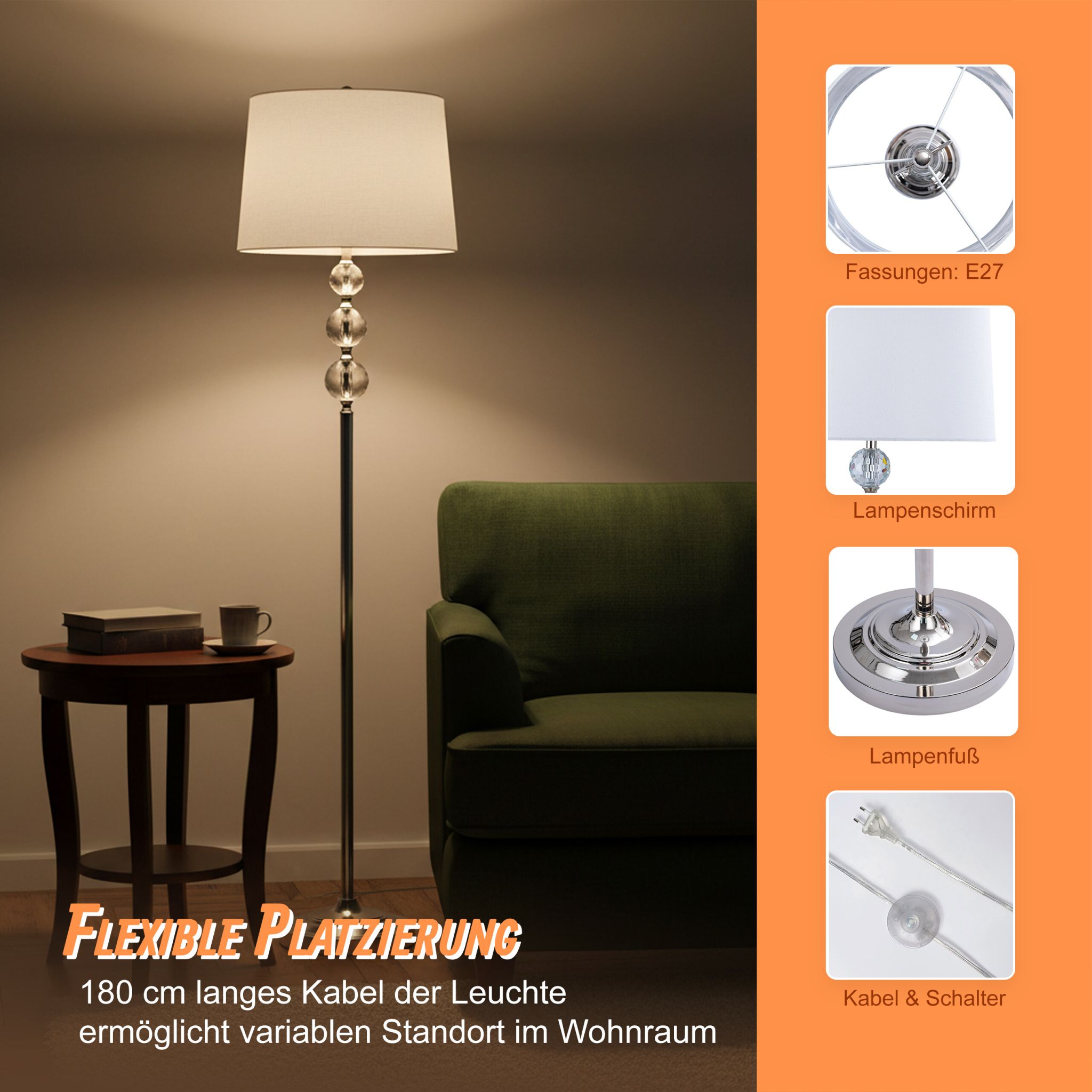 Stehlampe Kristall Weiss-Silber von Relaxdays