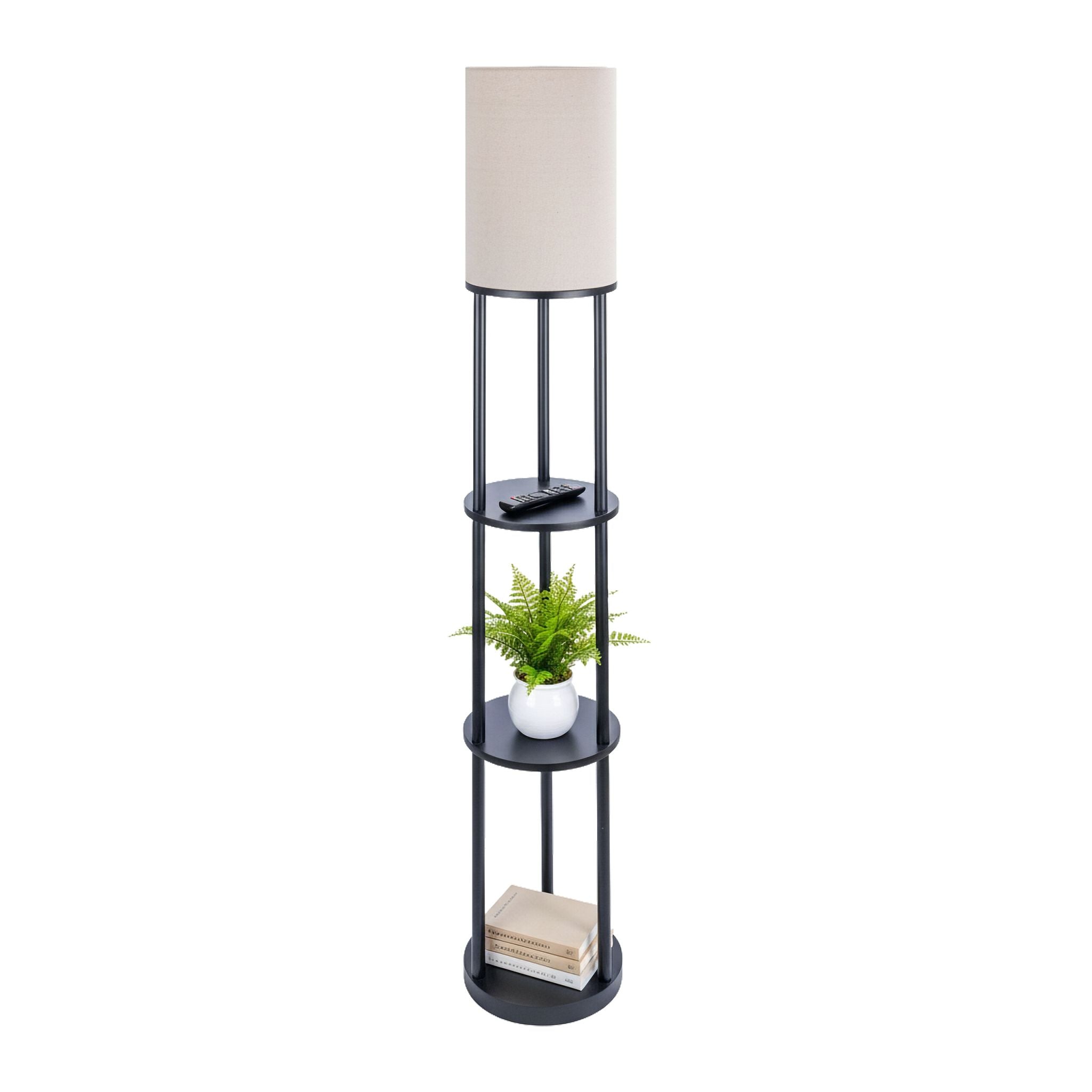 Stehlampe mit 3 Ablagen & Leinenschirm Weiss-Schwarz von Relaxdays
