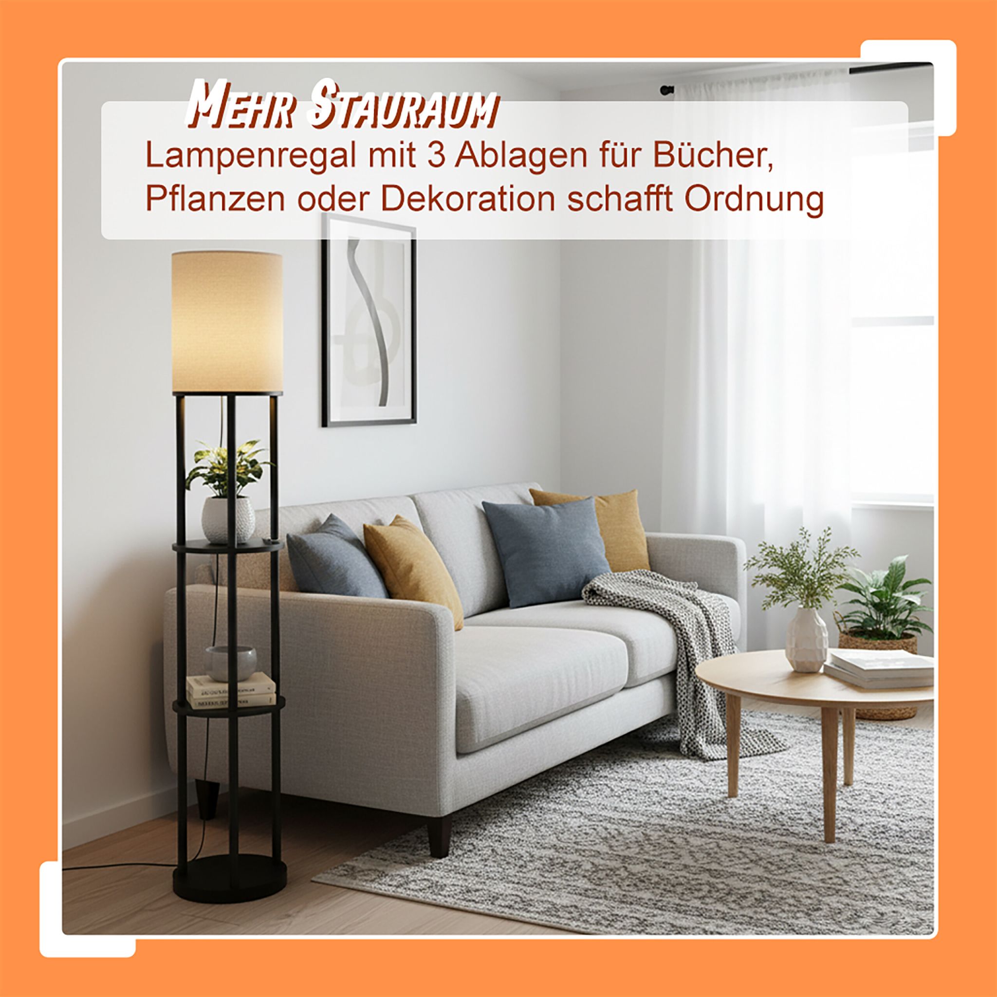 Stehlampe mit 3 Ablagen & Leinenschirm Weiss-Schwarz von Relaxdays