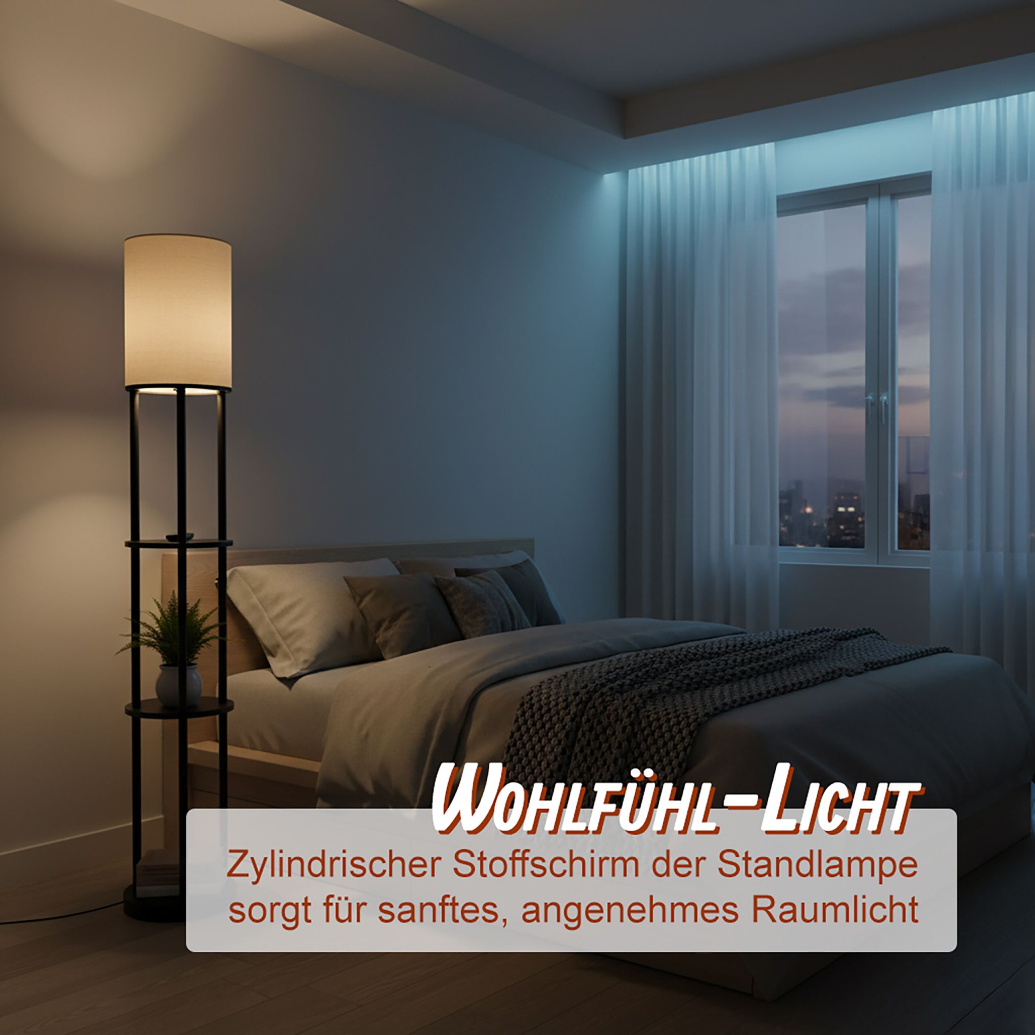 Stehlampe mit 3 Ablagen & Leinenschirm Weiss-Schwarz von Relaxdays