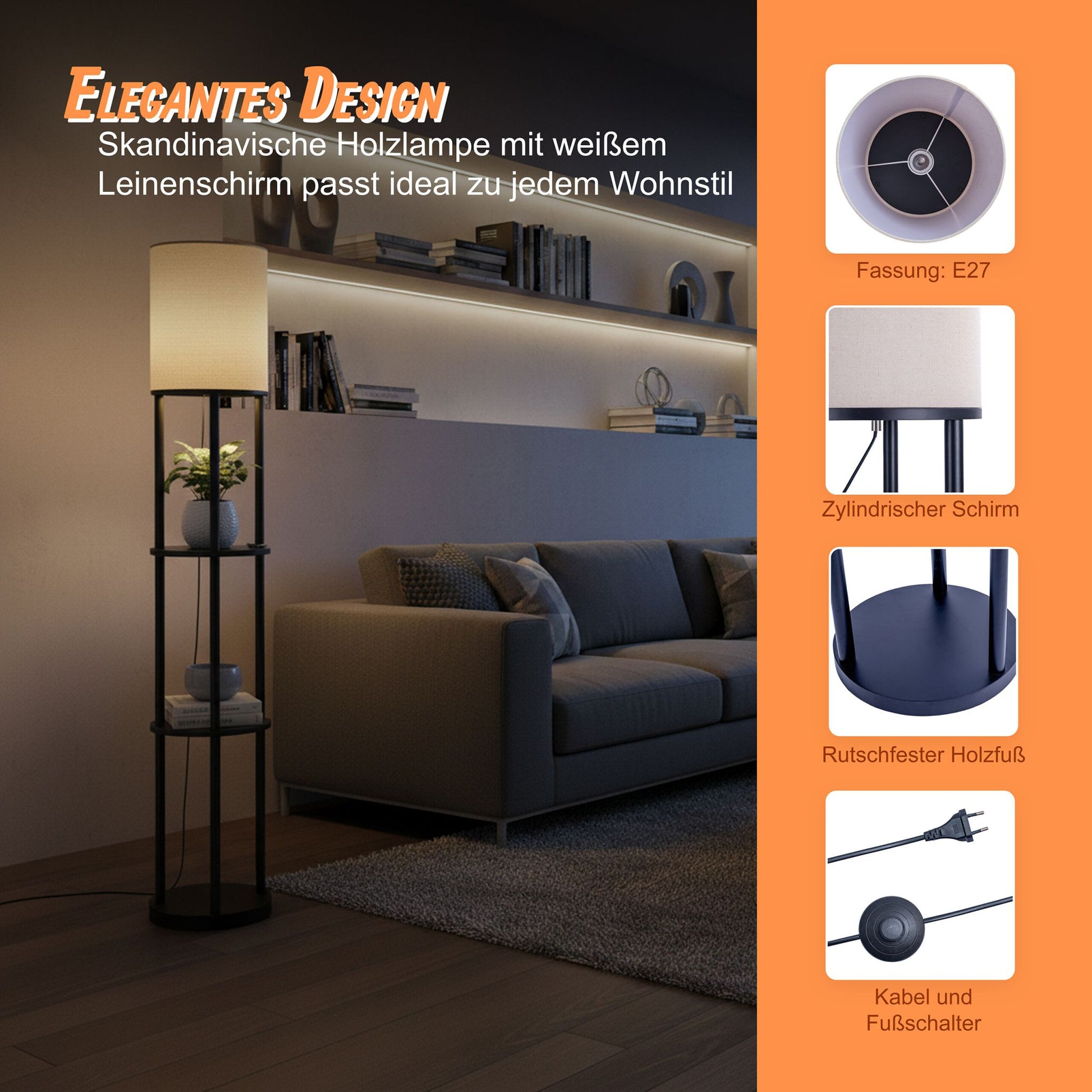 Stehlampe mit 3 Ablagen & Leinenschirm Weiss-Schwarz von Relaxdays