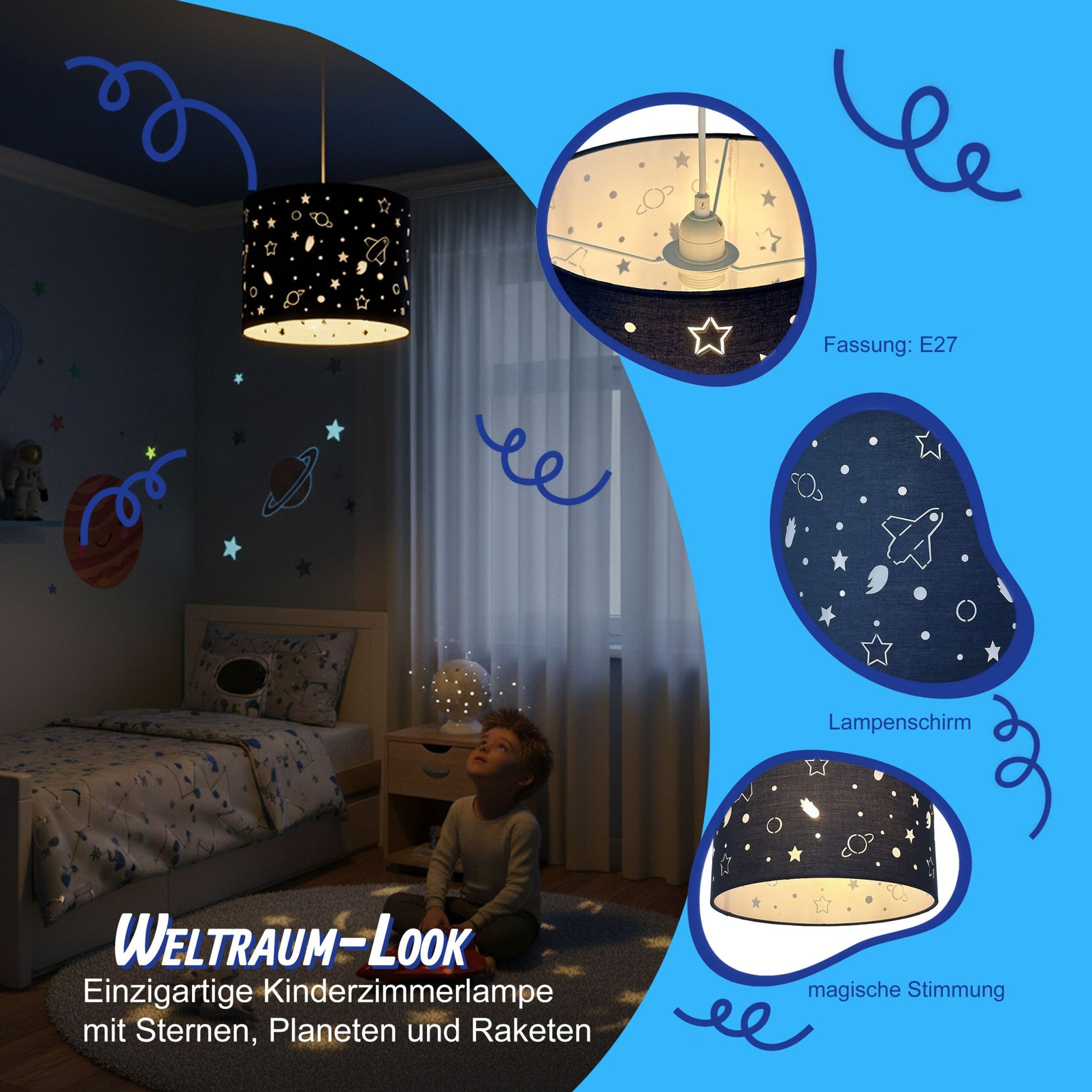 Hängelampe Kinderzimmer Weltraum-Design Weiss-Dunkelblau von Relaxdays