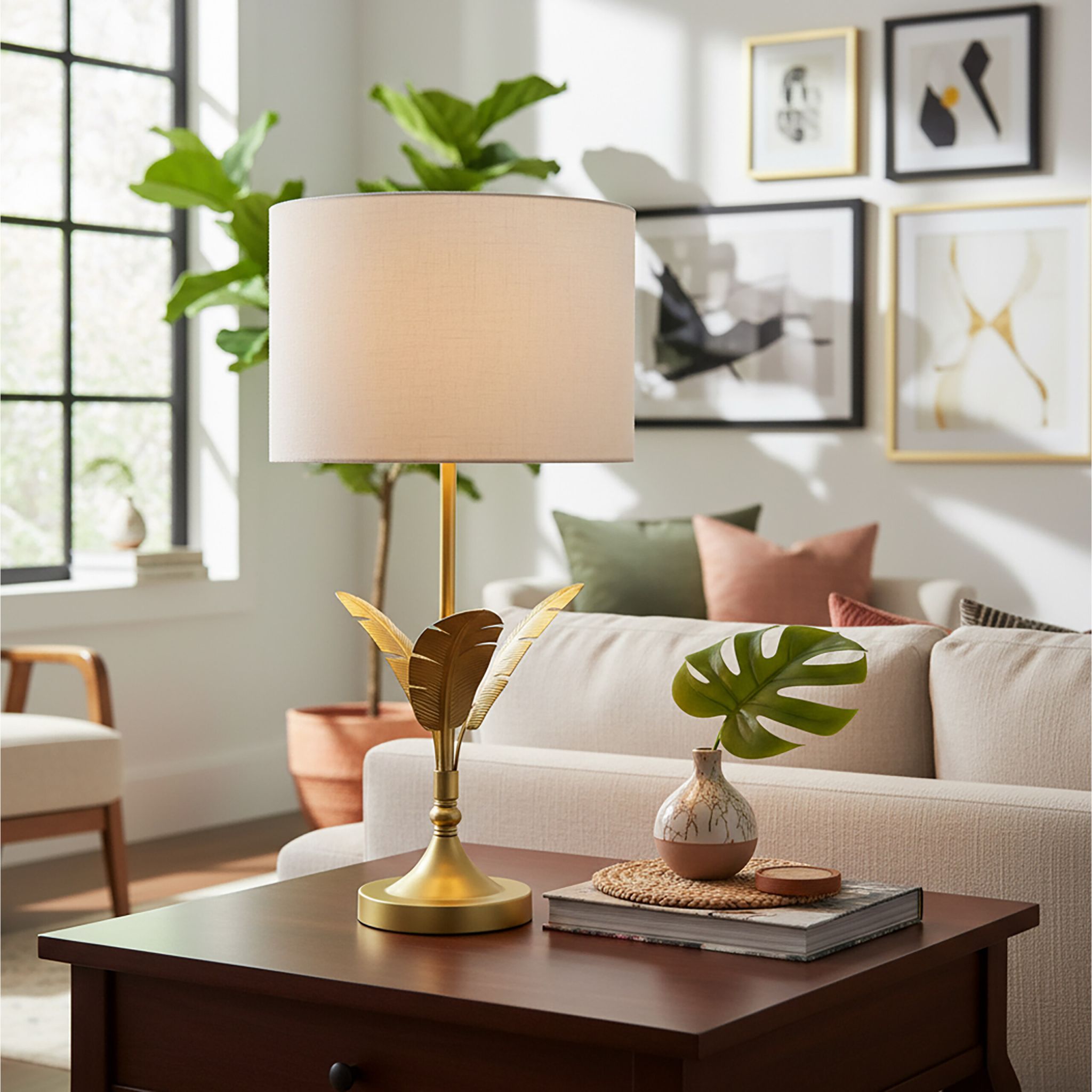 Lampe Palmenblatt Weiss-Gold von Relaxdays
