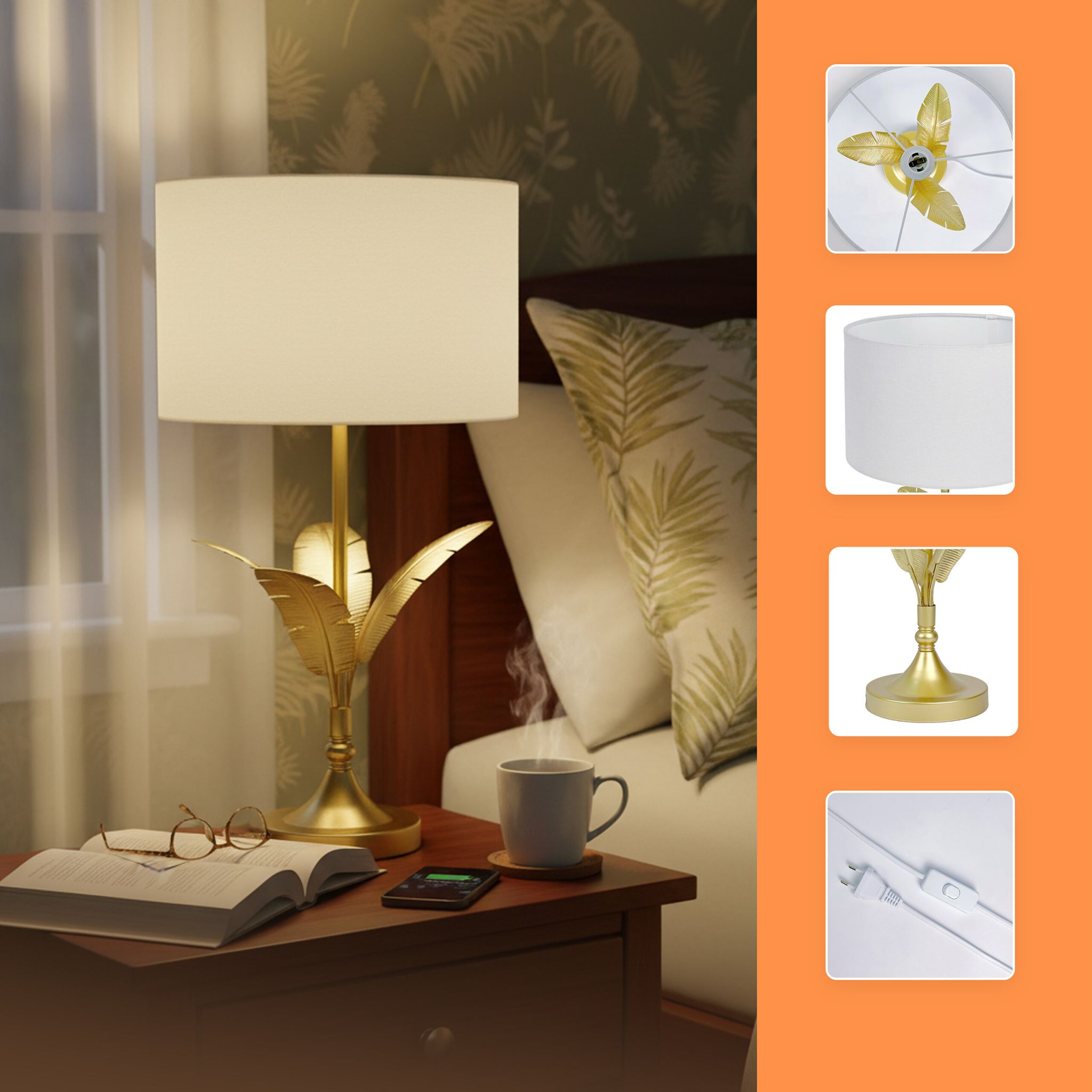 Lampe Palmenblatt Weiss-Gold von Relaxdays