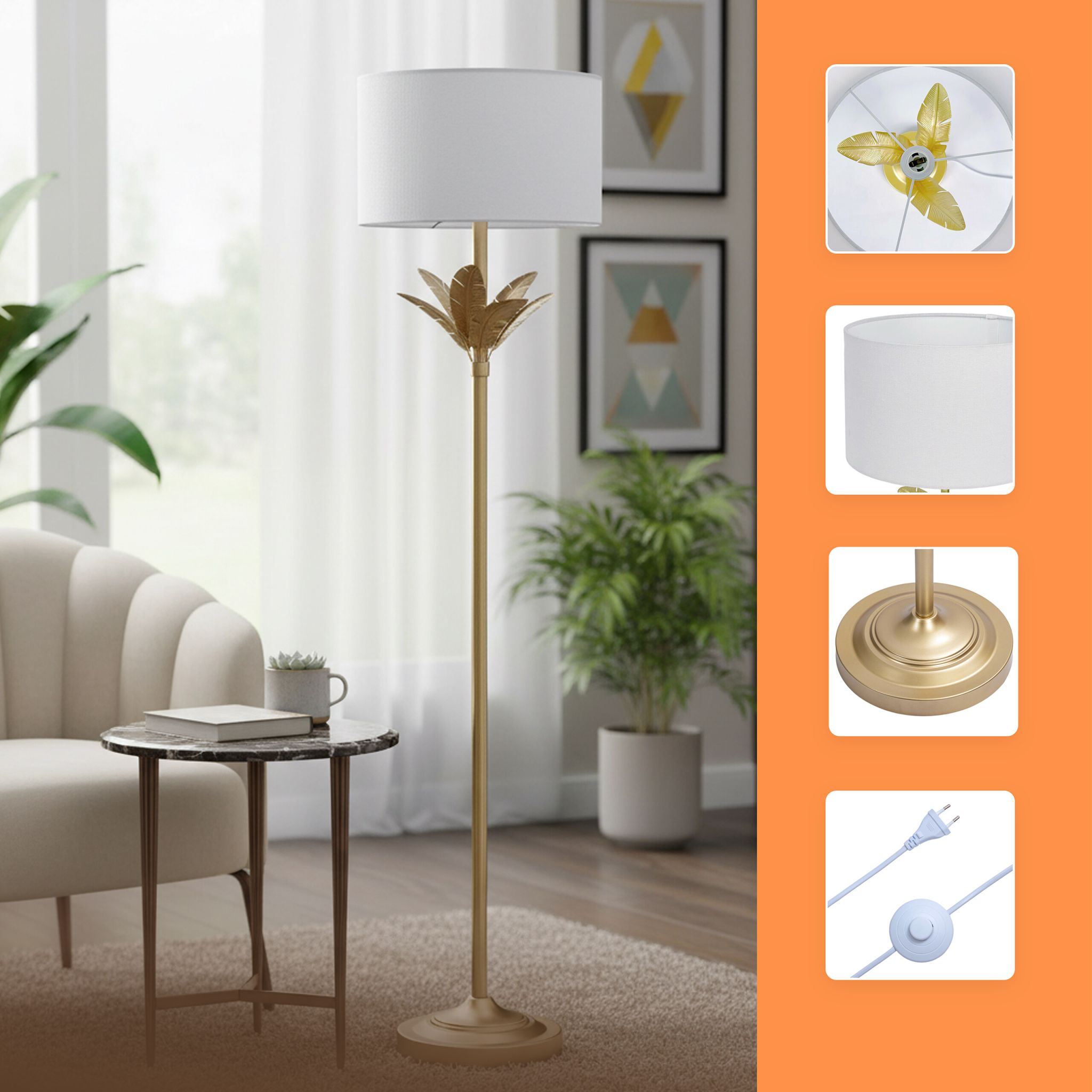 Lampe Palmenblatt Weiss-Gold von Relaxdays