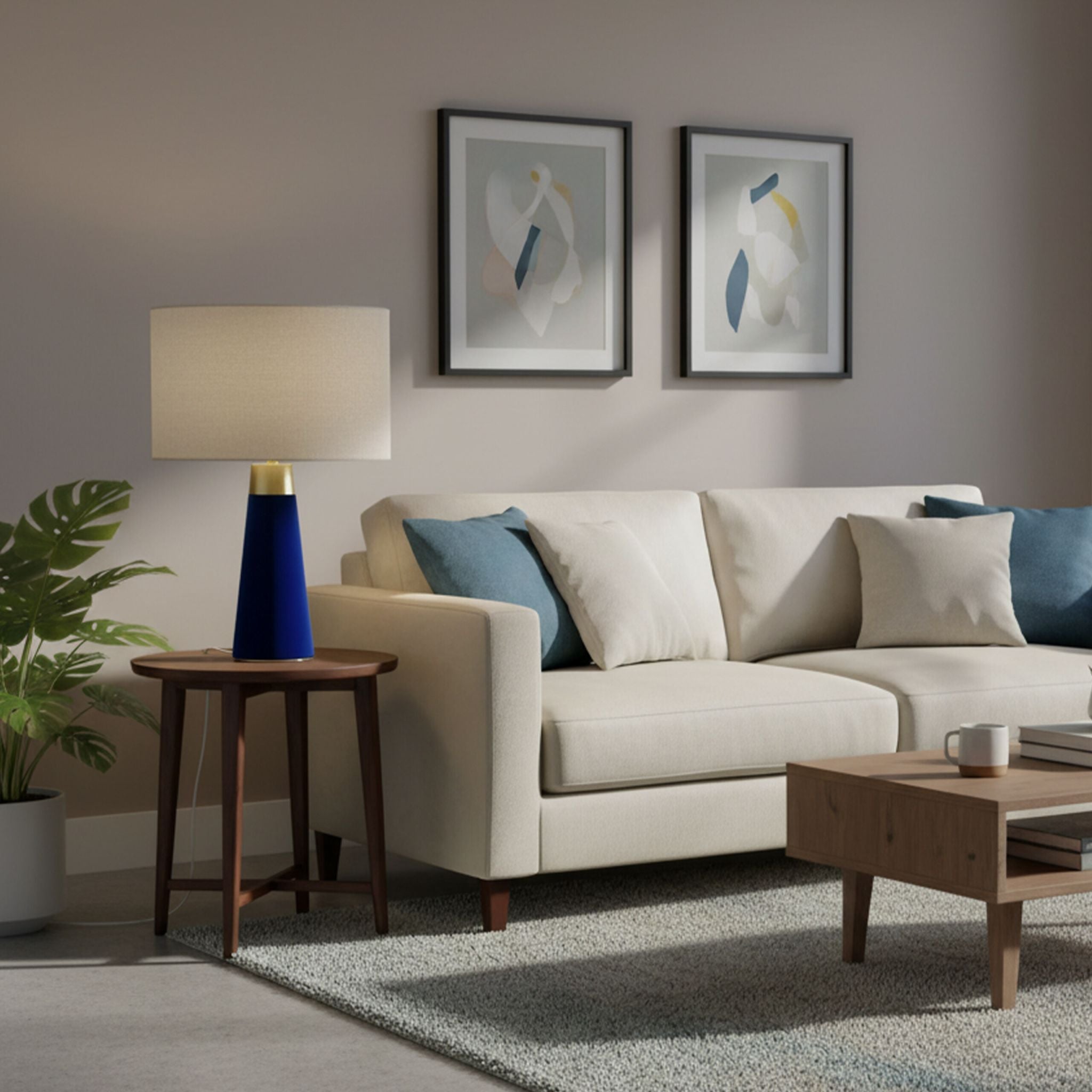 Tischlampe Samt & Leinen Beige-Blau-Gold von Relaxdays