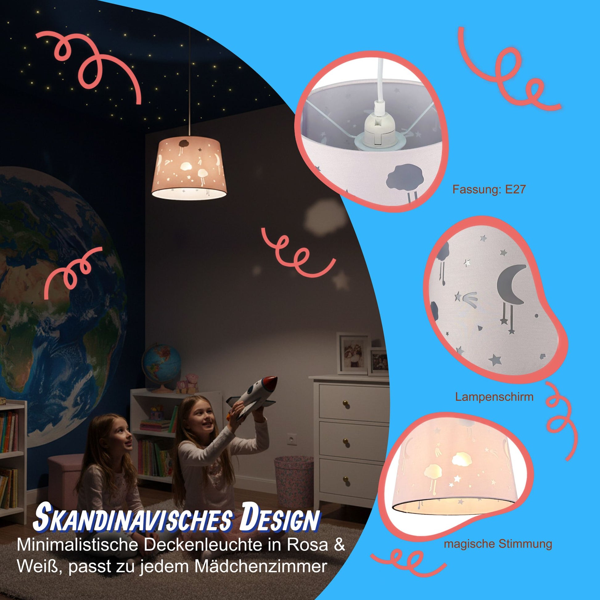 Hängelampe Kinderzimmer Abendhimmel Weiss-Rosa von Relaxdays