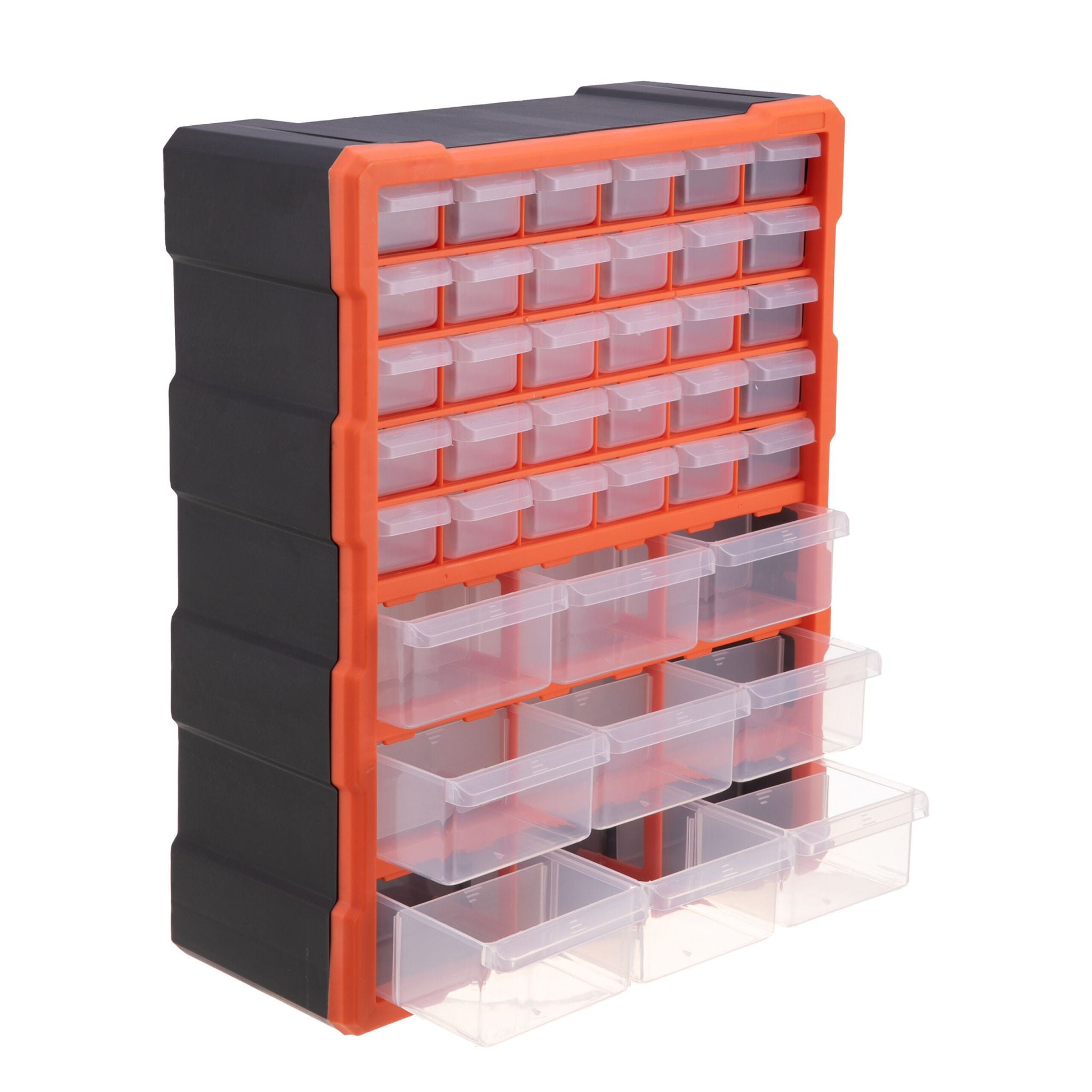 Kleinteilemagazin mit 39 Schubladen Orange-Schwarz-Transparent