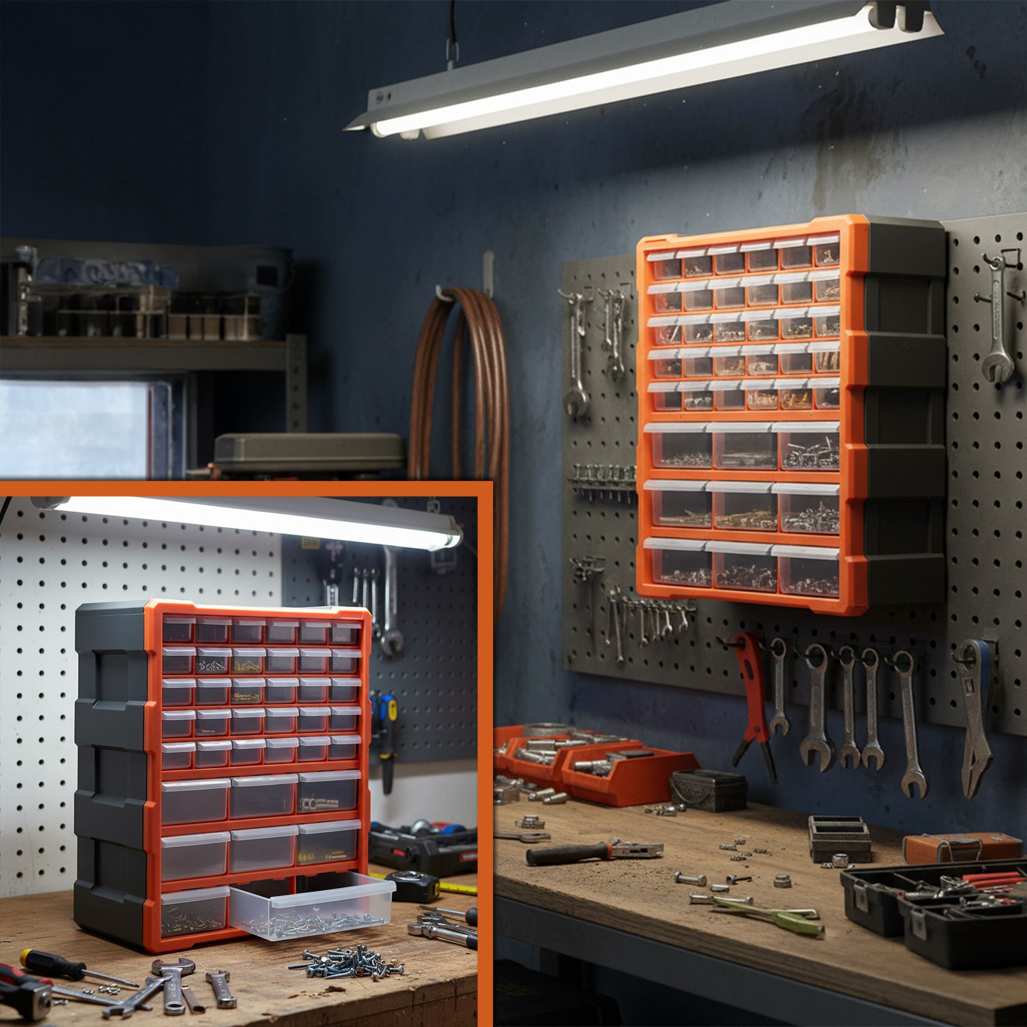 Kleinteilemagazin mit 39 Schubladen Orange-Schwarz-Transparent