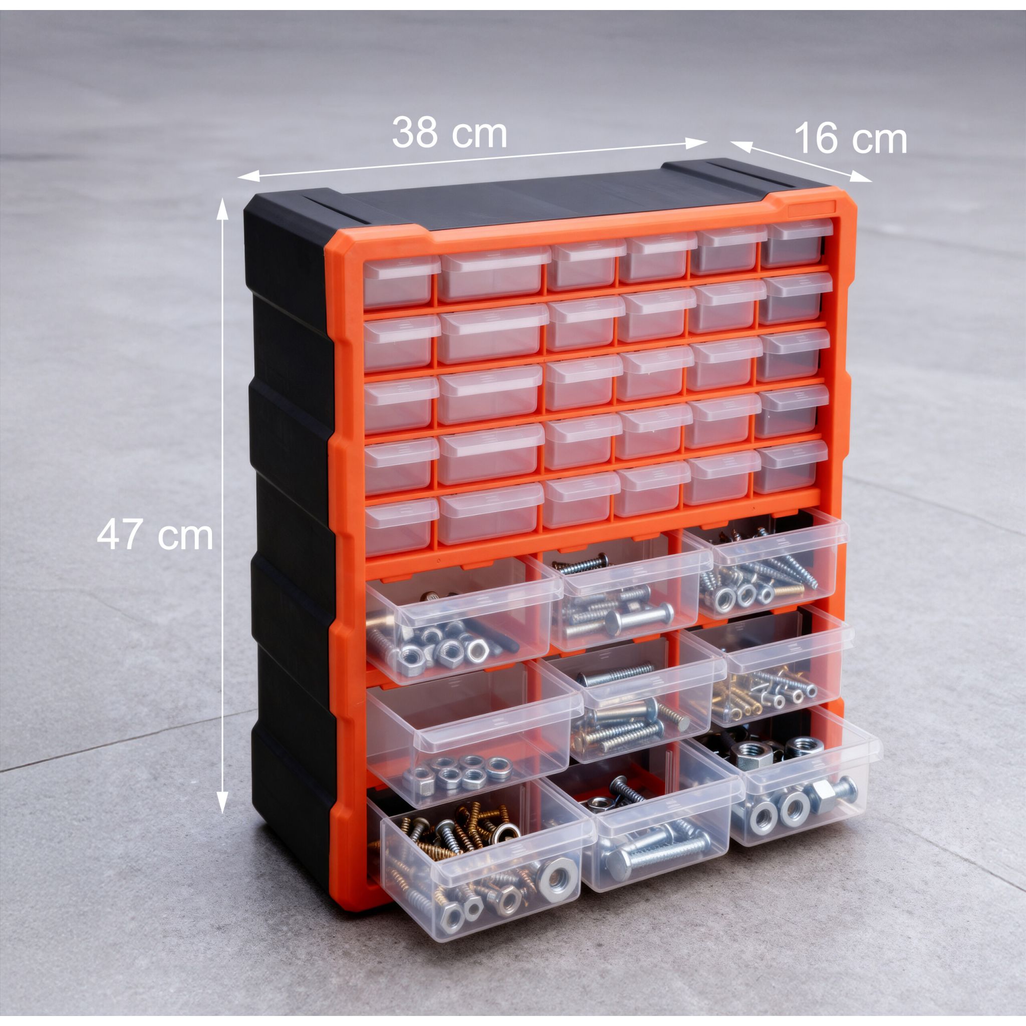 Kleinteilemagazin mit 39 Schubladen Orange-Schwarz-Transparent