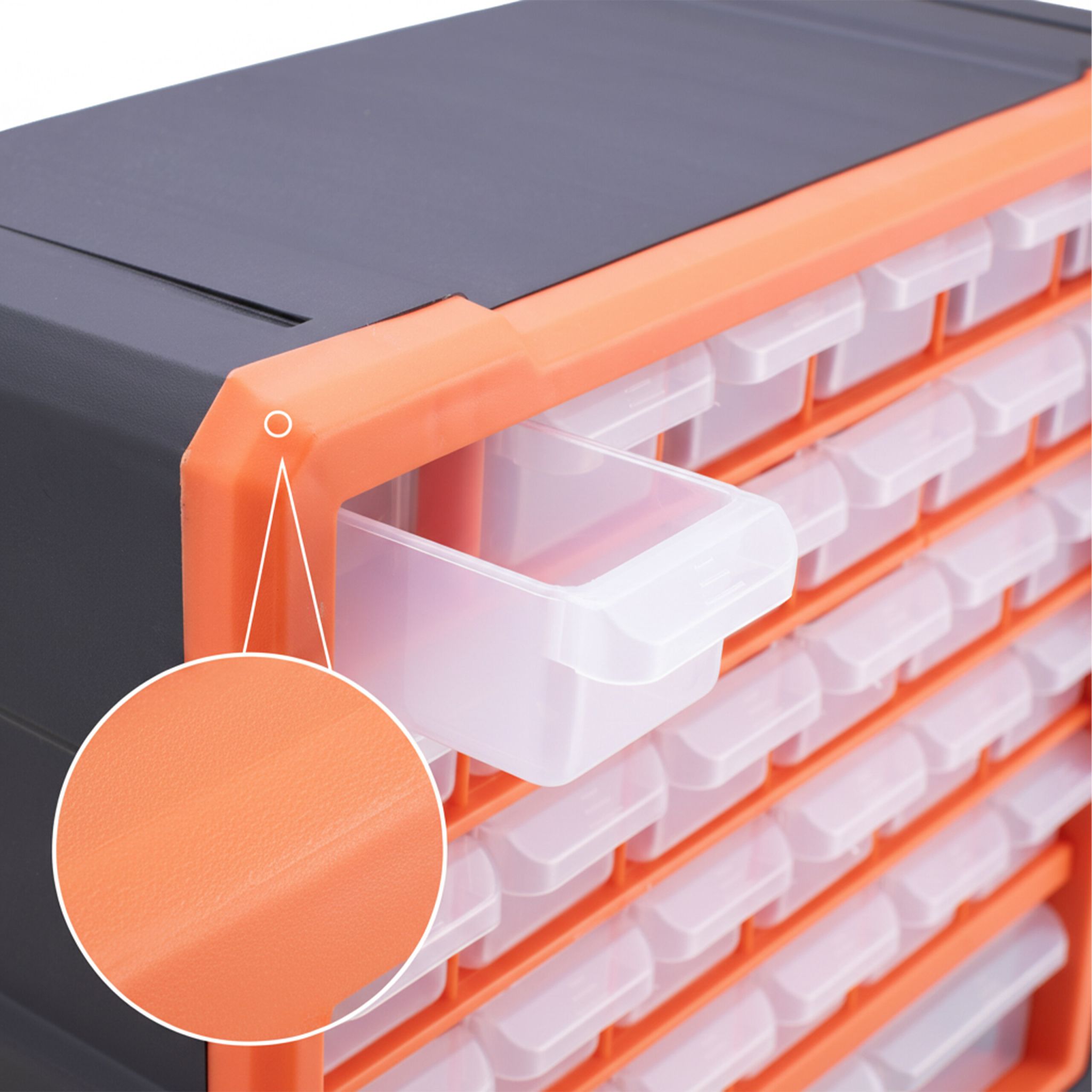 Kleinteilemagazin mit 39 Schubladen Orange-Schwarz-Transparent
