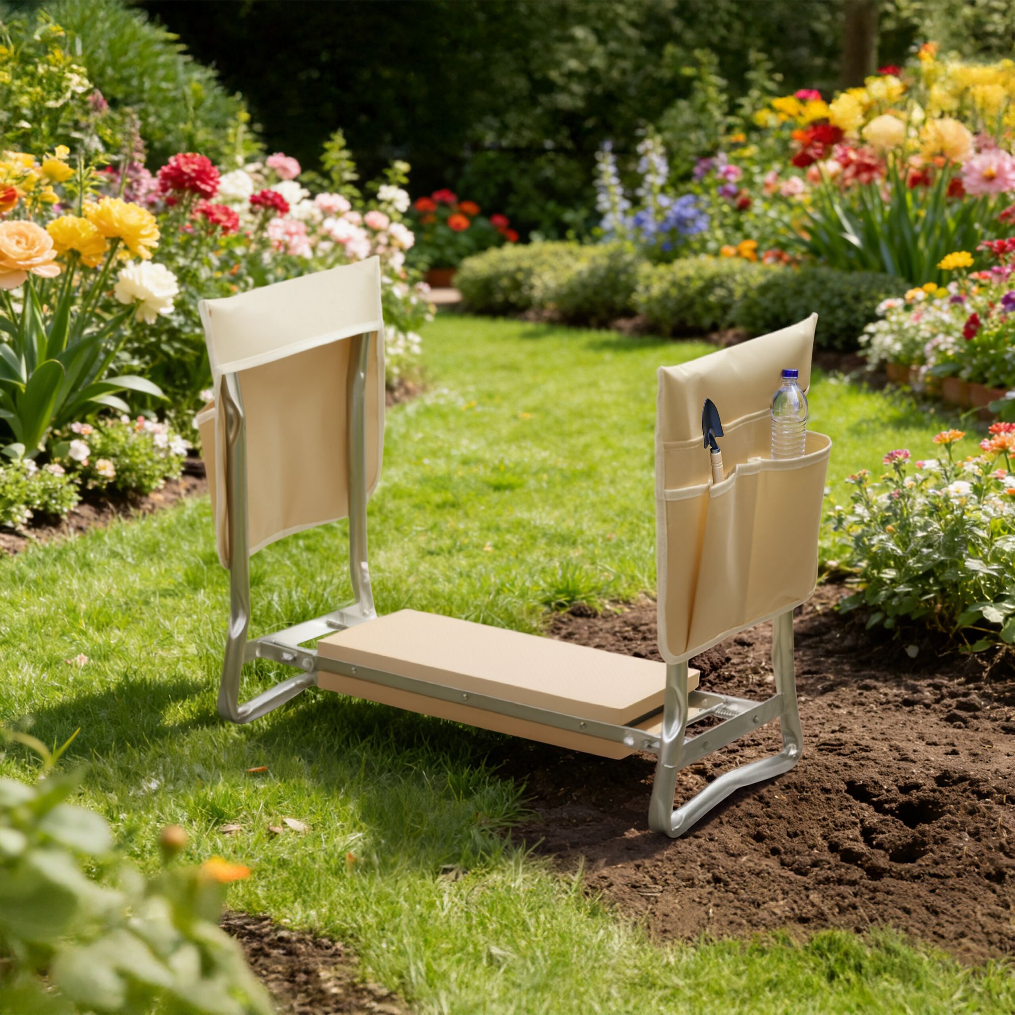 Kniebank Gartenarbeit mit Taschen Beige-Silber von Relaxdays