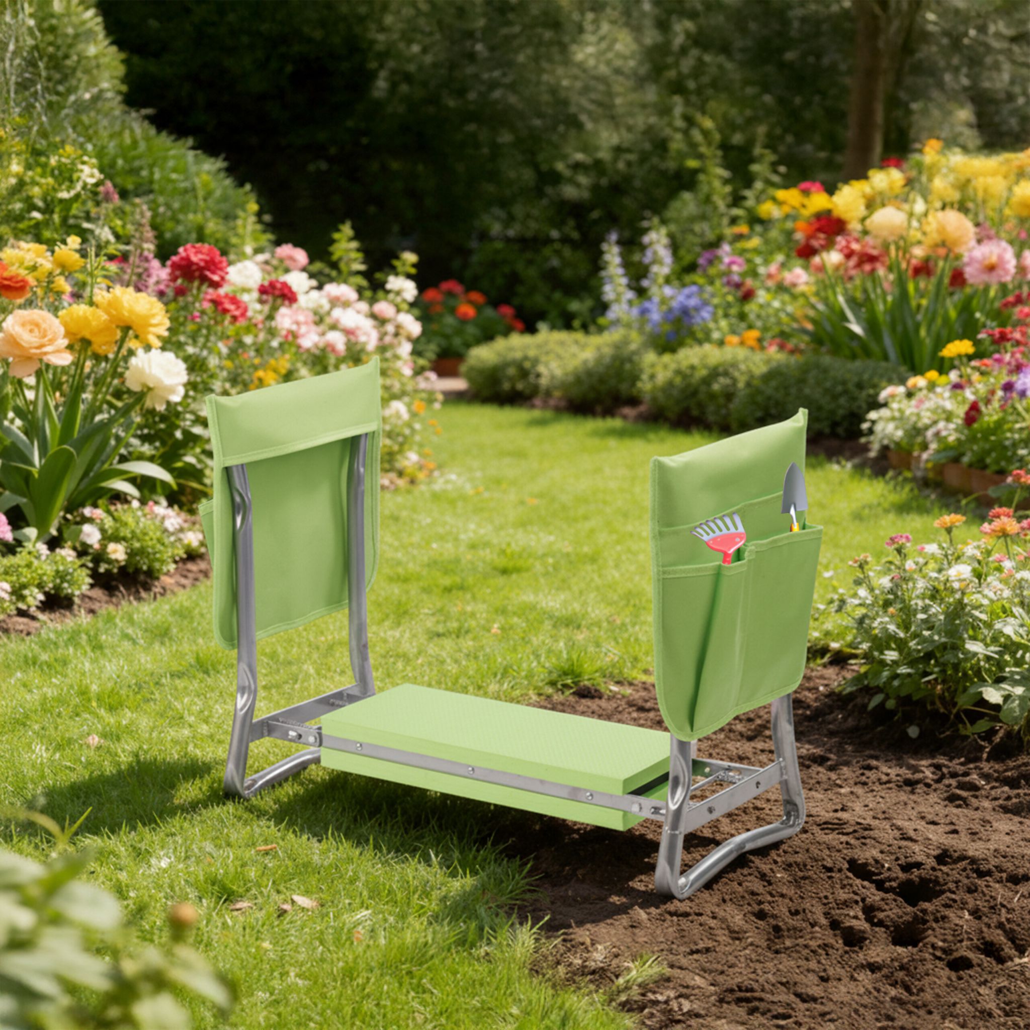 Kniebank Gartenarbeit mit Taschen Grün-Silber von Relaxdays