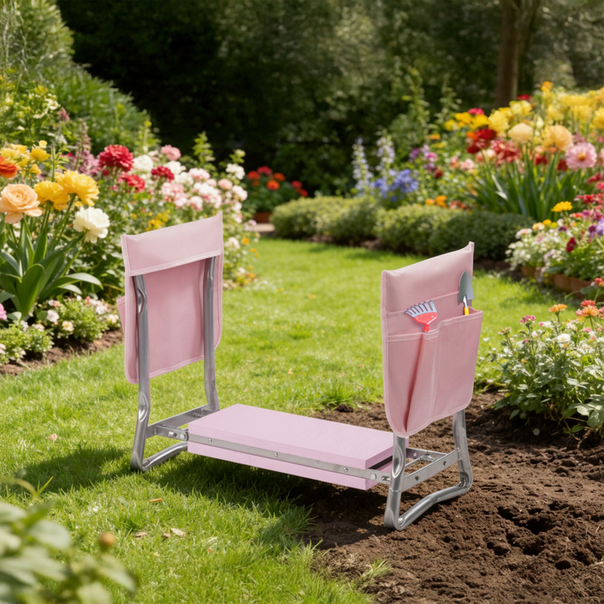 Kniebank Gartenarbeit mit Taschen Rosa-Silber von Relaxdays