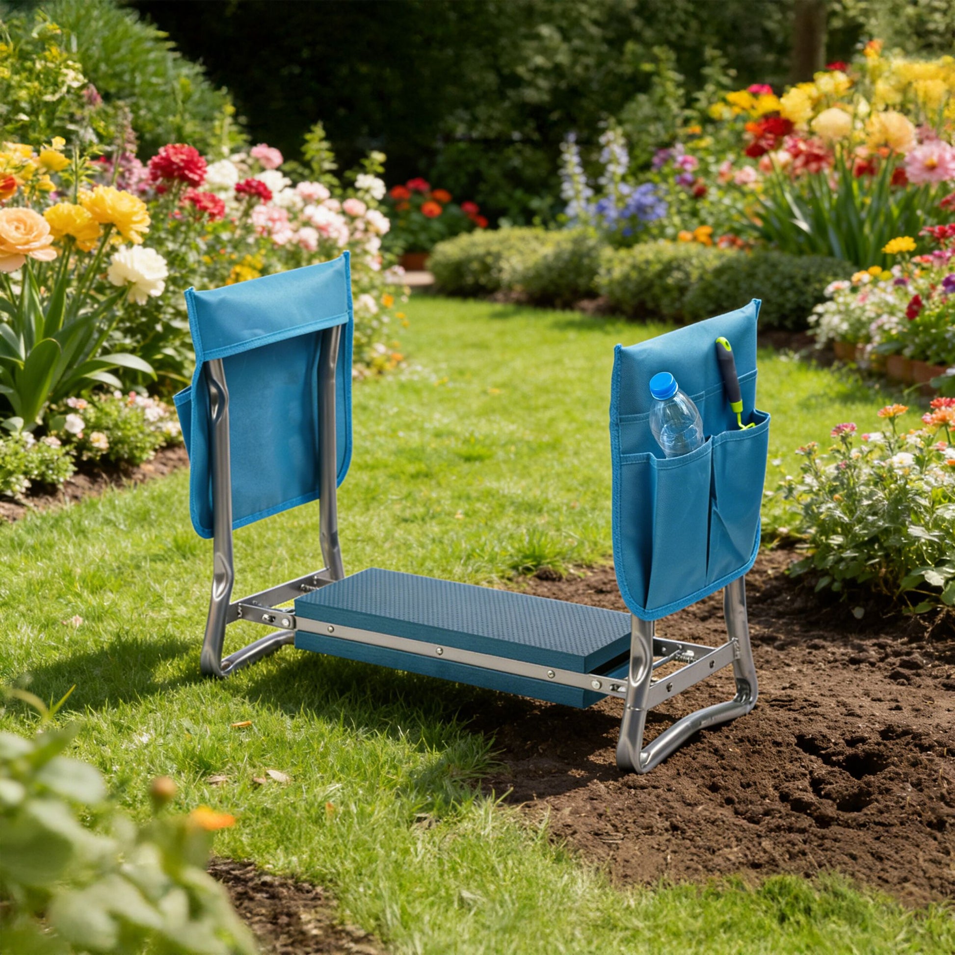 Kniebank Gartenarbeit mit Taschen Blau-Silber von Relaxdays