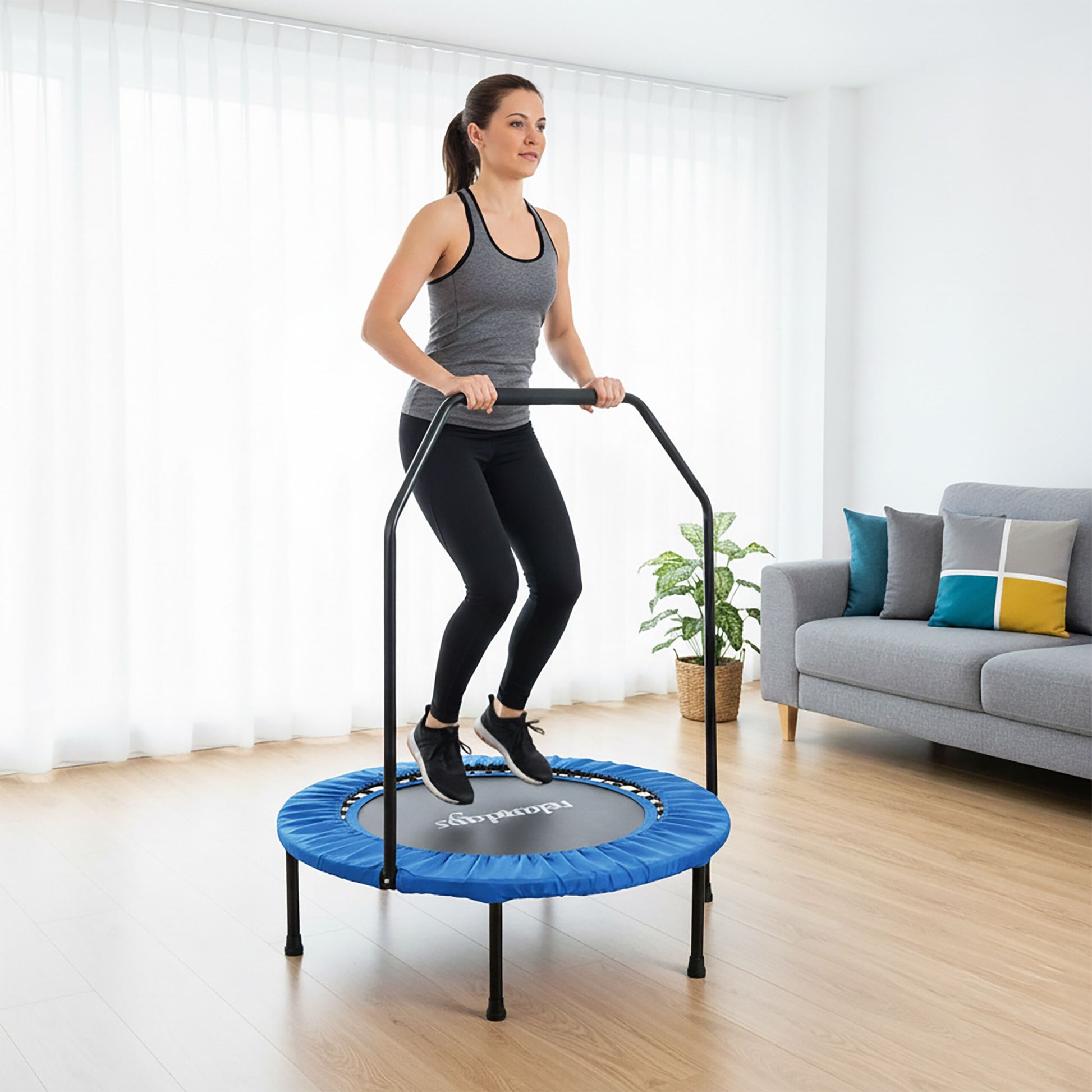 Trampolin mit Haltestange Ø 102cm Blau-Schwarz von Relaxdays